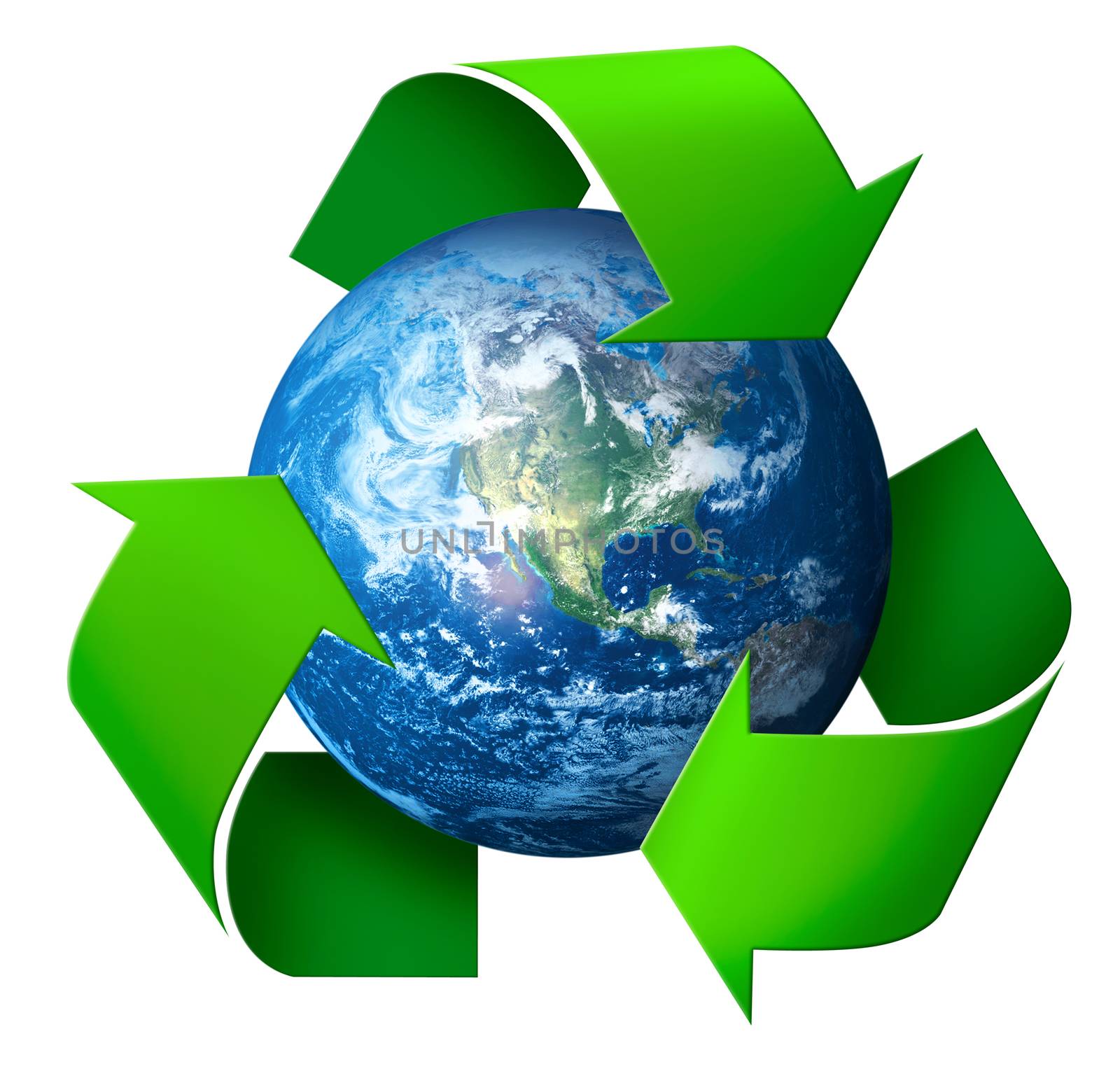Recycling concept 3d symbol arrows around green planet Earth, isolated on white background