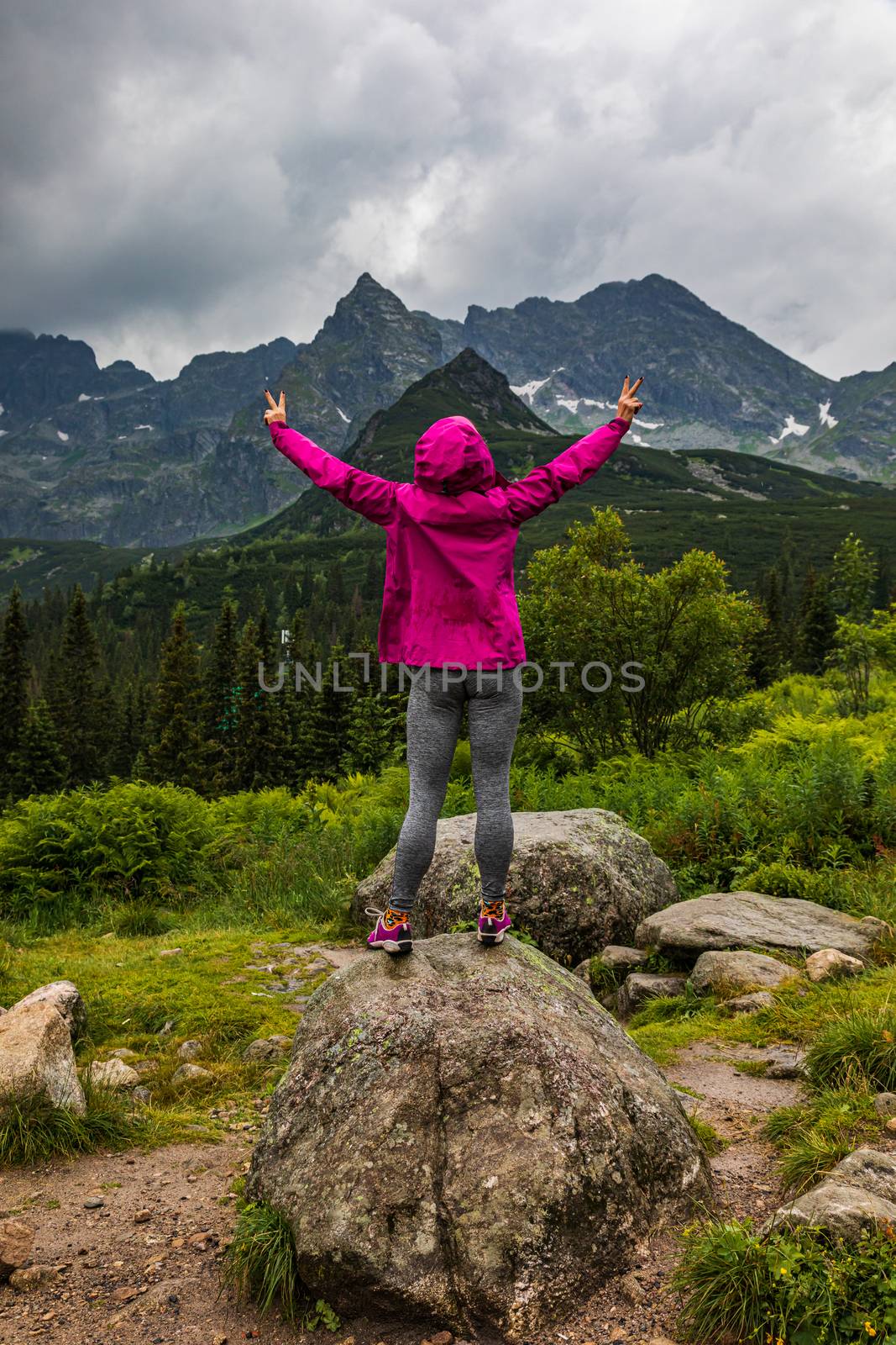 Hooded woman looking at the Tatra mountain panorama in the rain with hands wide high  - portrait orientation