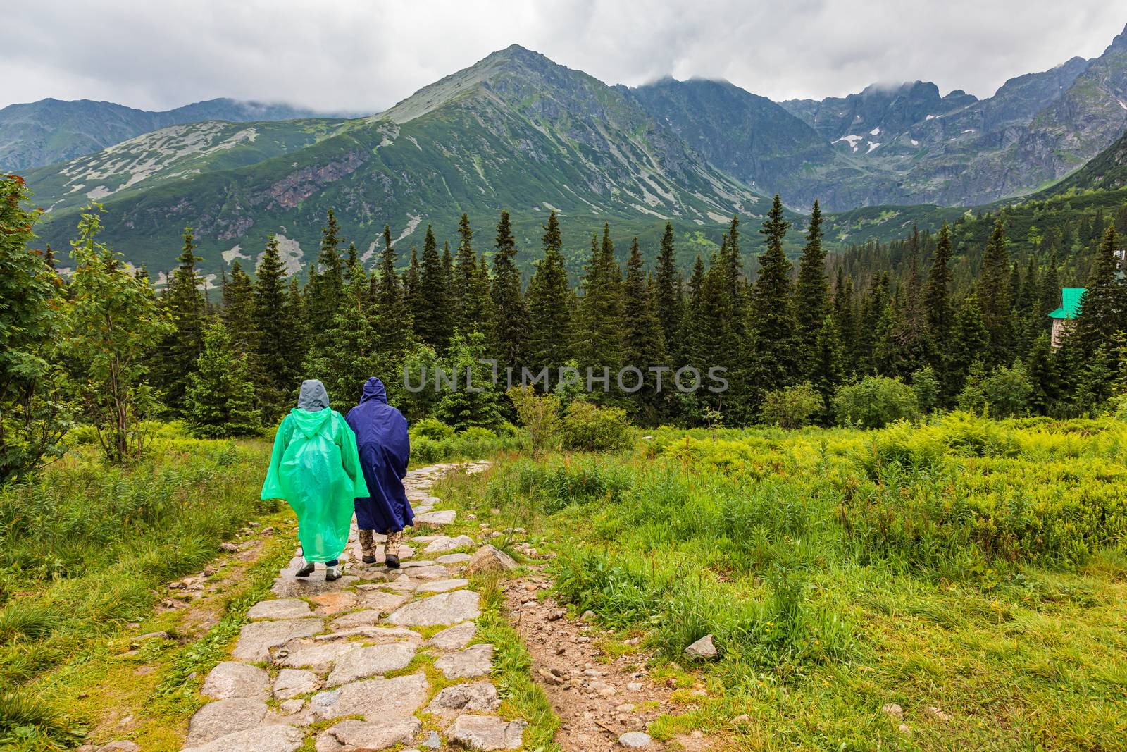 Two tourists in plastic raincoats walking the path in Tatra moun by mkenwoo