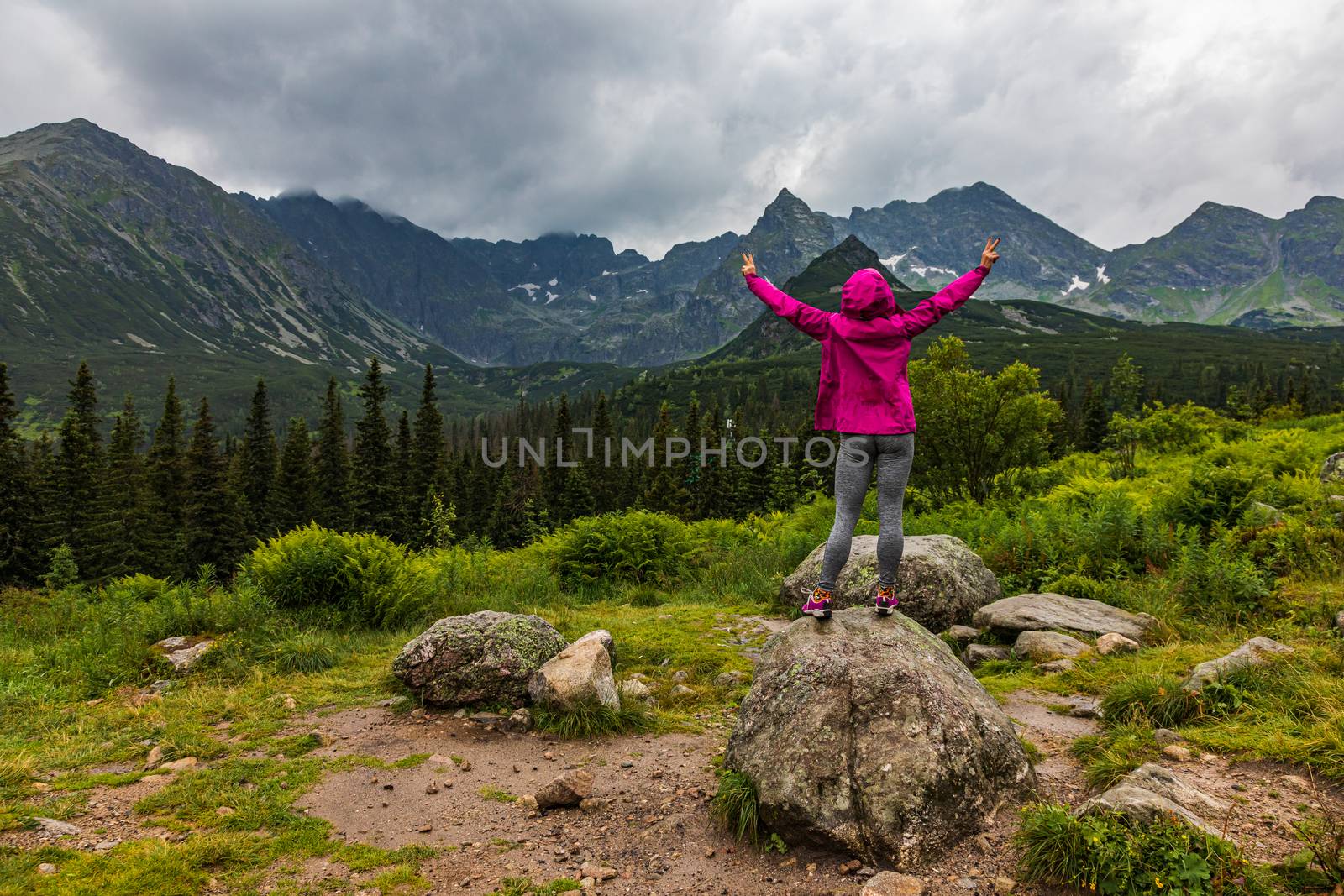 Hooded woman looking at the Tatra mountain panorama in the rain  by mkenwoo