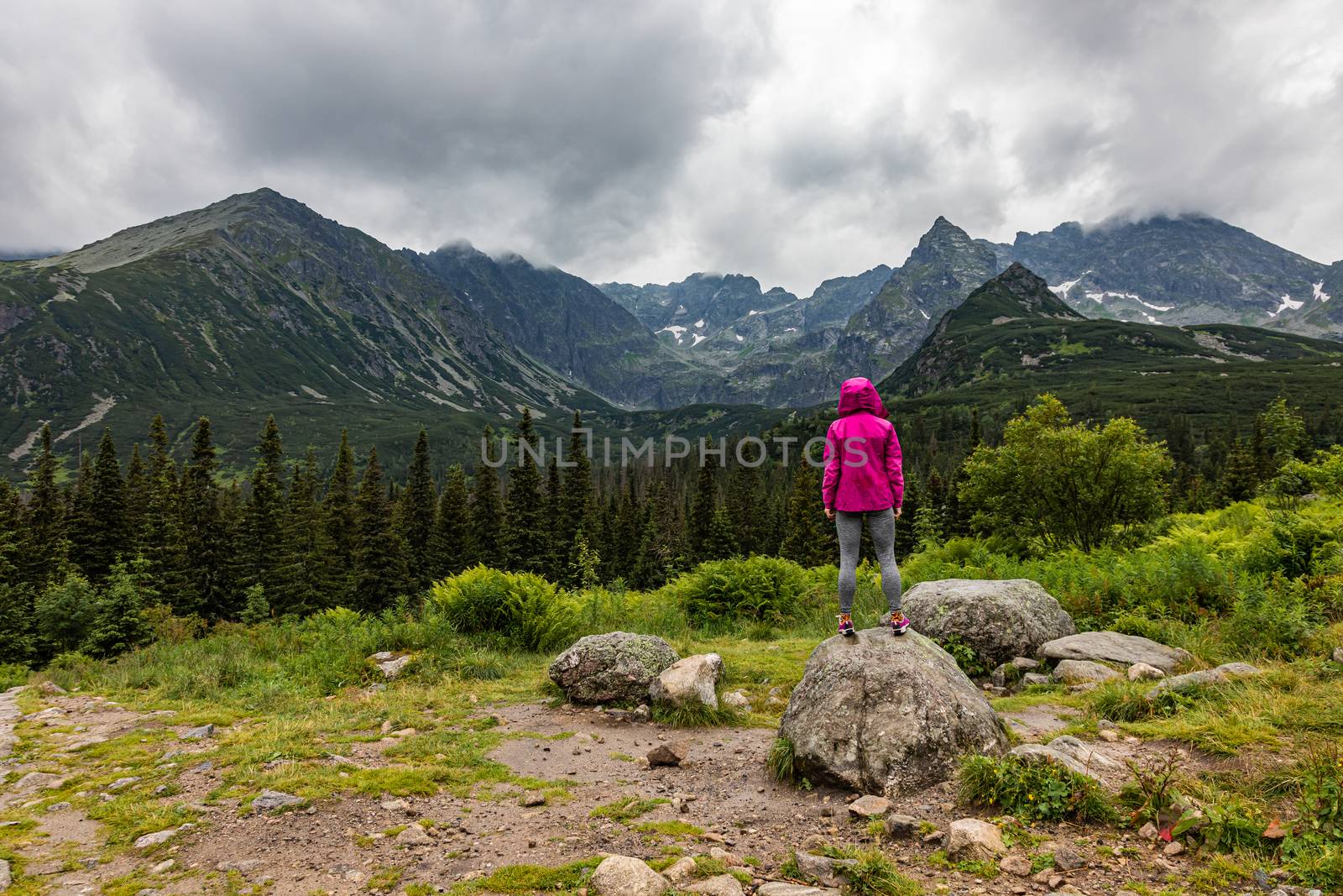 Hooded woman looking at the Tatra mountain panorama in the rain by mkenwoo