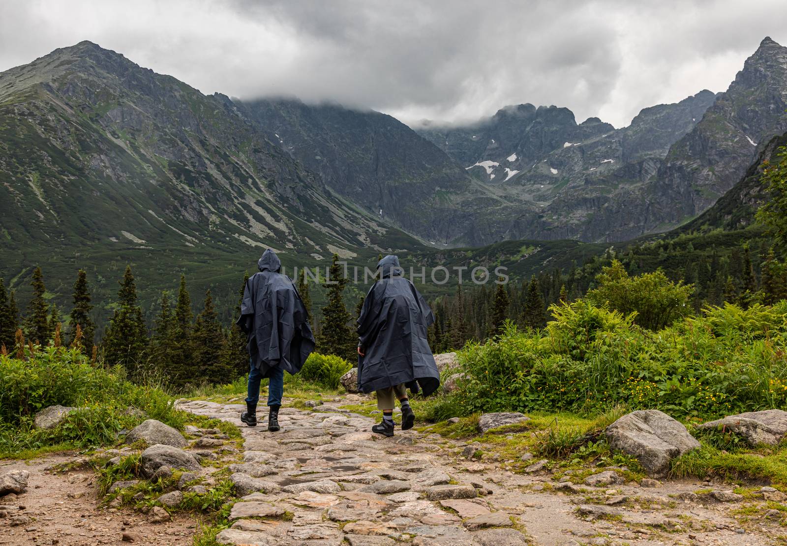 Two hooded hikers in parkas walking in the rain in Tatra mountai by mkenwoo