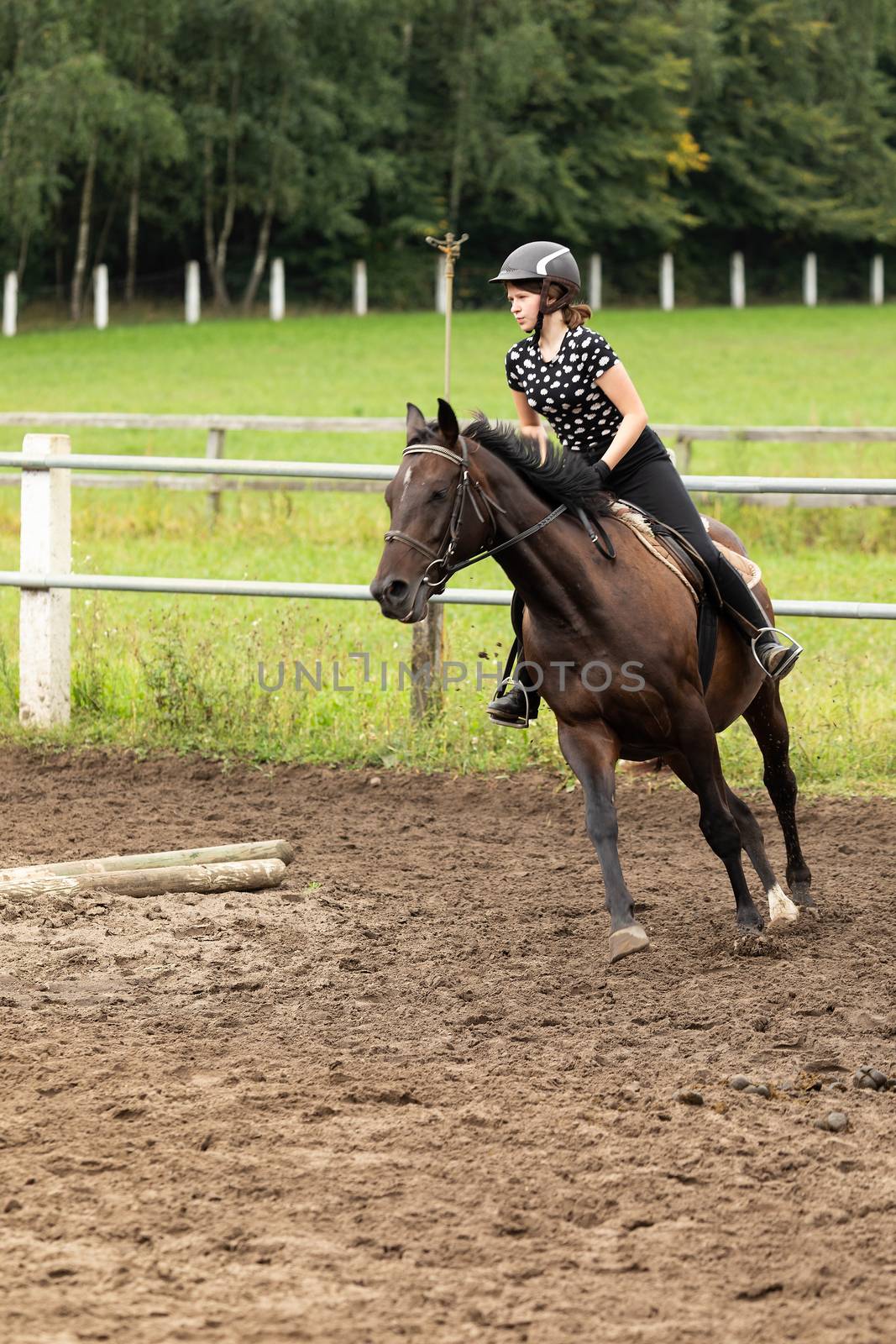 Jockey girl in full gallop horseback ridding taking a turn by mkenwoo
