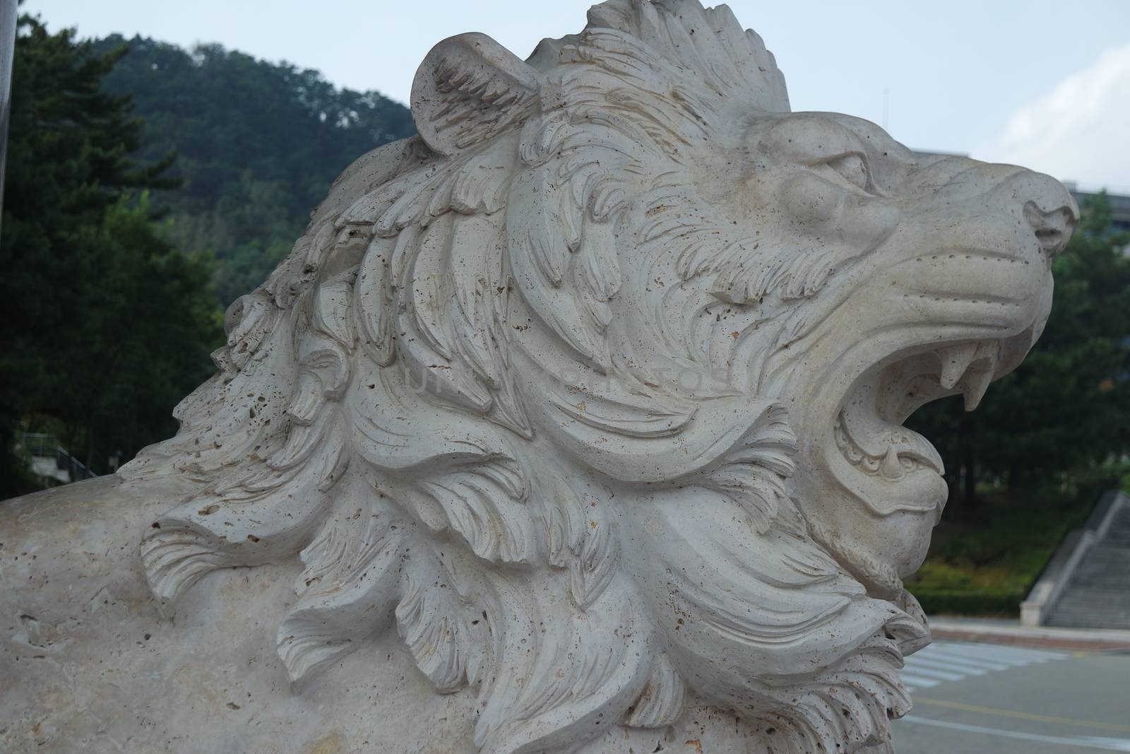 CHUNCHEON, SOUTH KOREA- October-03, 2020: White lion statue background with copy space for text