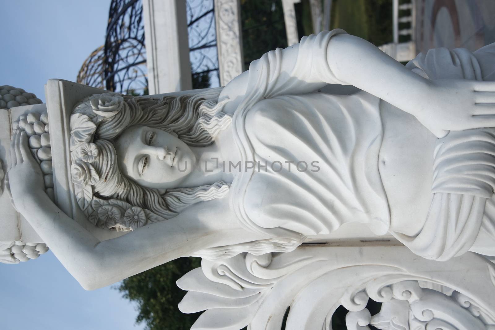 CHUNCHEON, SOUTH KOREA- October-03, 2020: White marble statue of Greek Goddess Head with lovely hair settled in a public park