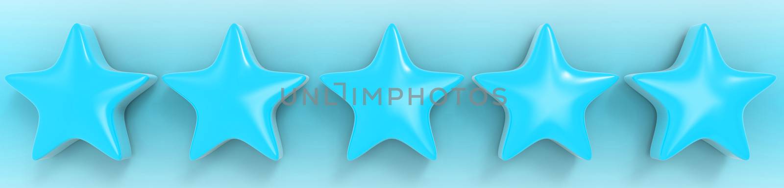 3d five azure star on color background. Render and illustration of golden star for premium