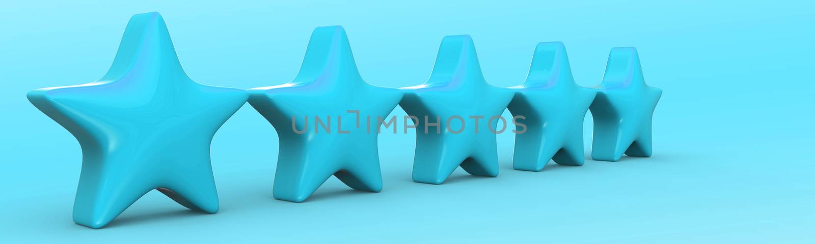 3d five azure star on color background. Render and illustration of golden star for premium