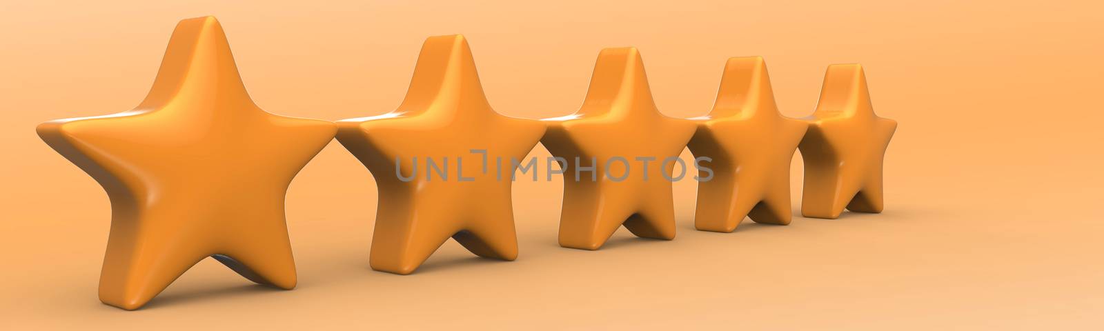 3d five orange star on color background. Render and illustration of golden star for premium