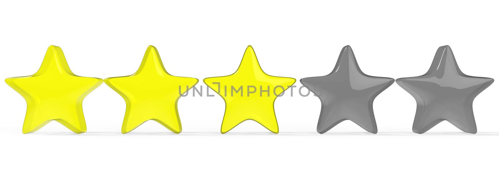 3d yellow three star on color background. Render and illustration of golden star for premium