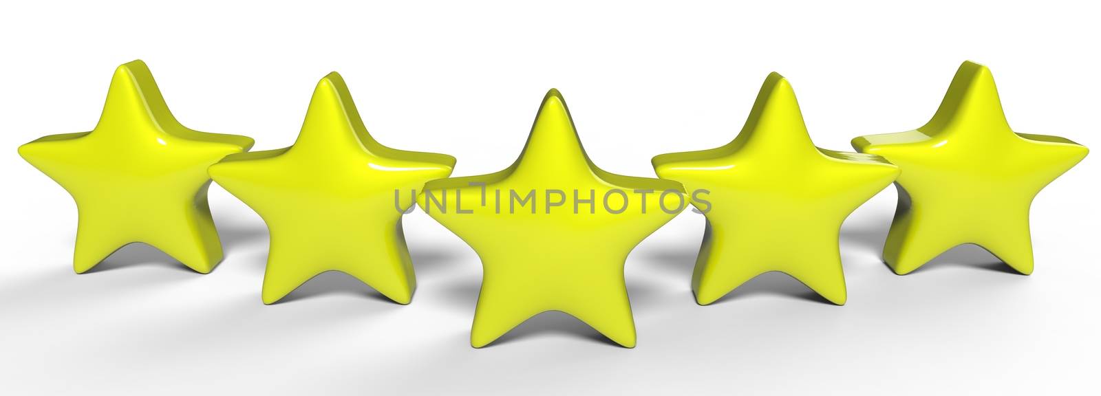 3d five yellow star on color background. Render and illustration of golden star for premium review by Andreajk3