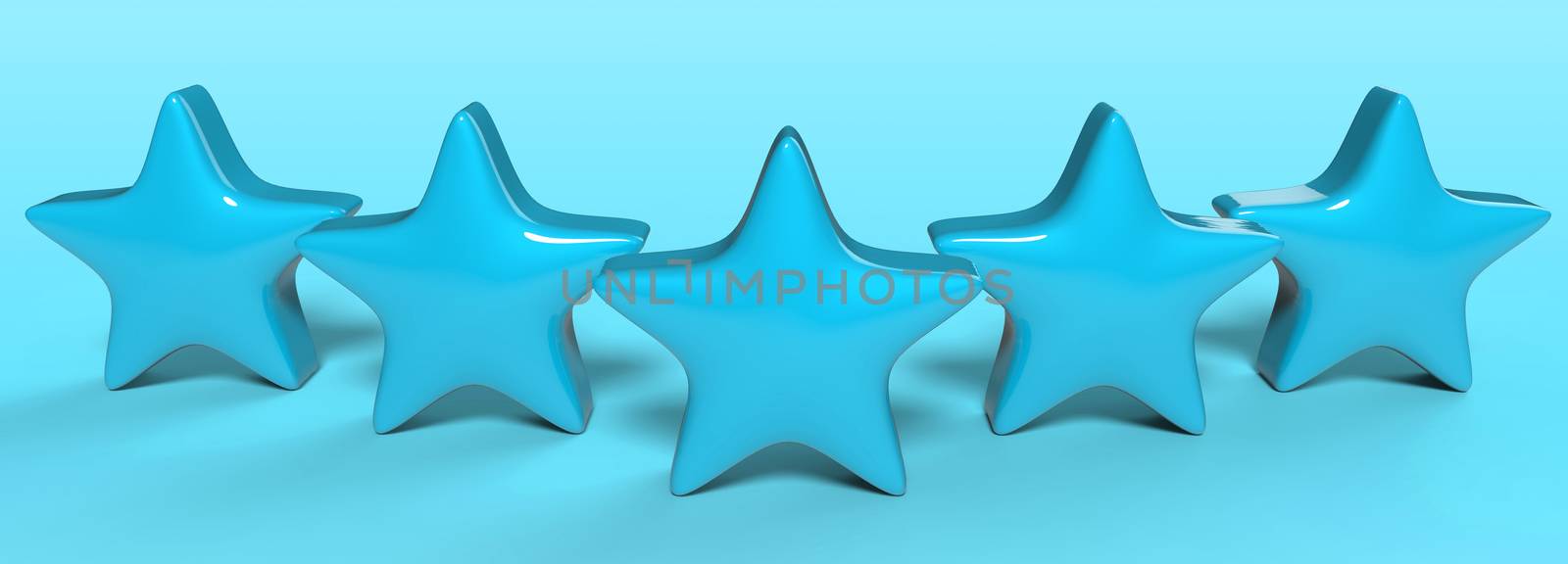 3d five azure star on color background. Render and illustration of golden star for premium