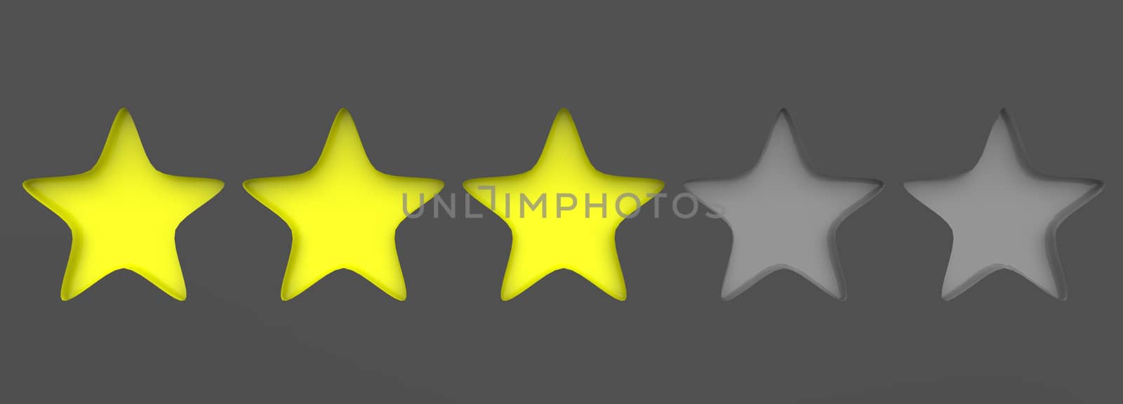 3d yellow three star on color background. Render and illustration of golden star for premium review by Andreajk3