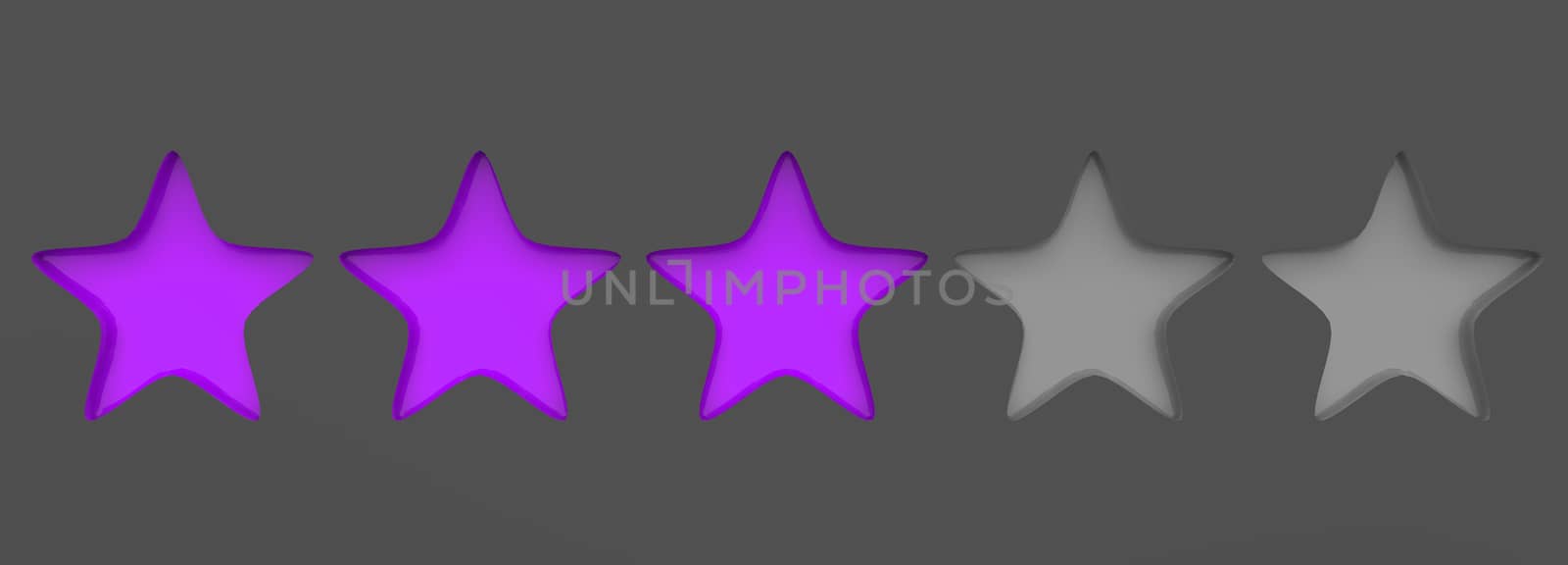 3d violet three star on color background. Render and illustration of golden star for premium