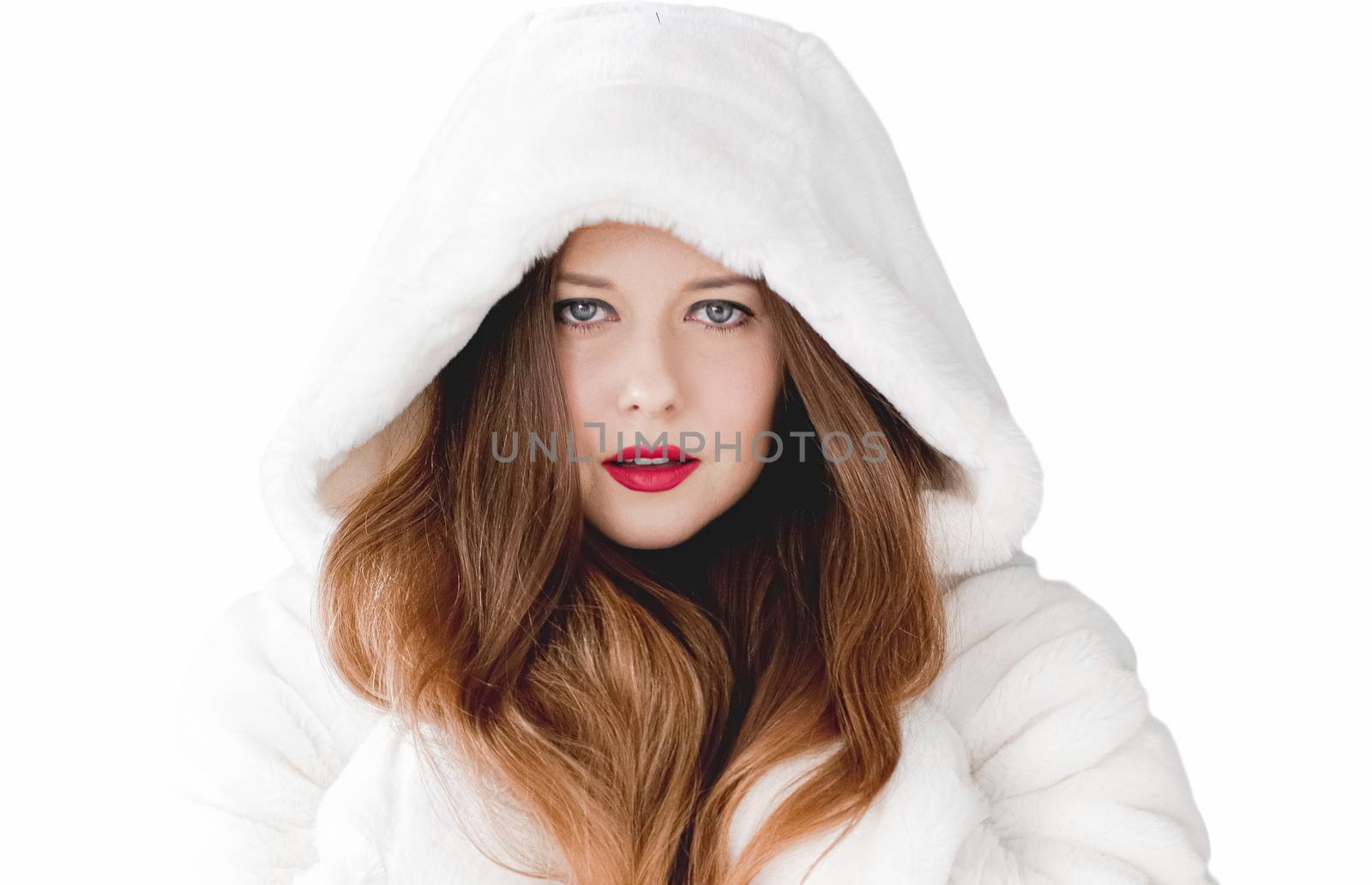 Young woman in fluffy fur coat with hood wrap, warm winter cloth by Anneleven