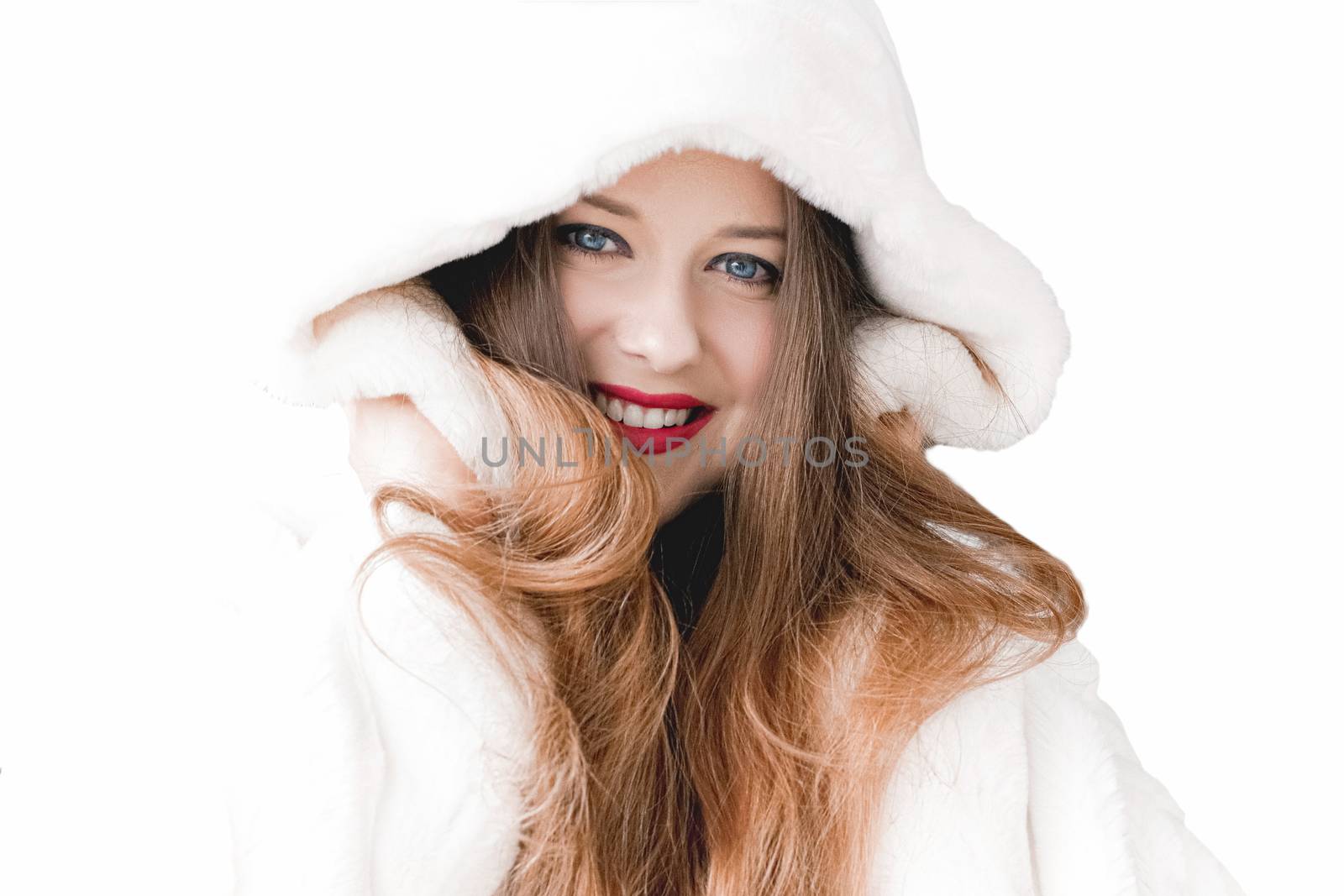 Young woman in fluffy fur coat with hood wrap, warm winter cloth by Anneleven