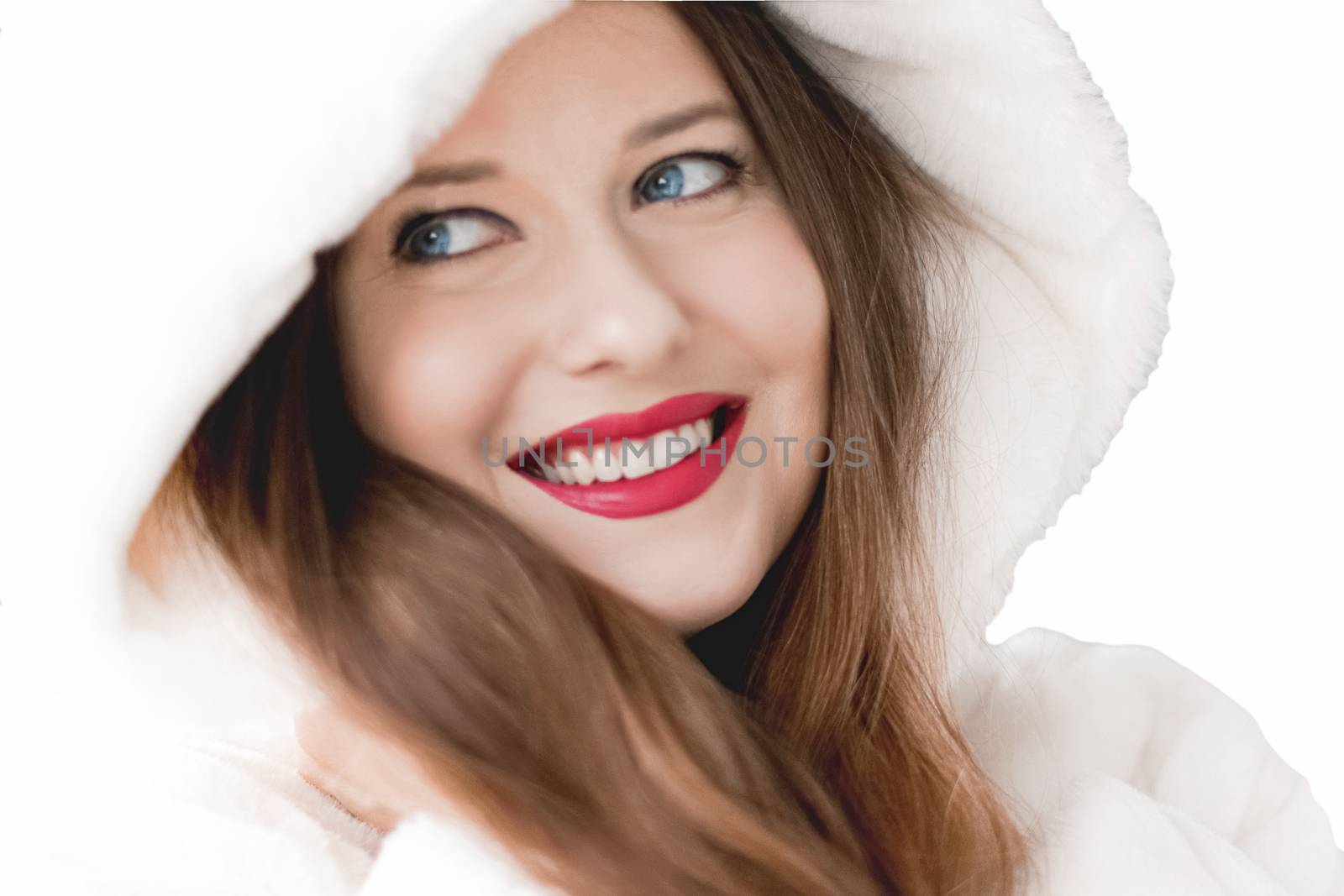 Young woman in fluffy fur coat with hood wrap, warm winter cloth by Anneleven