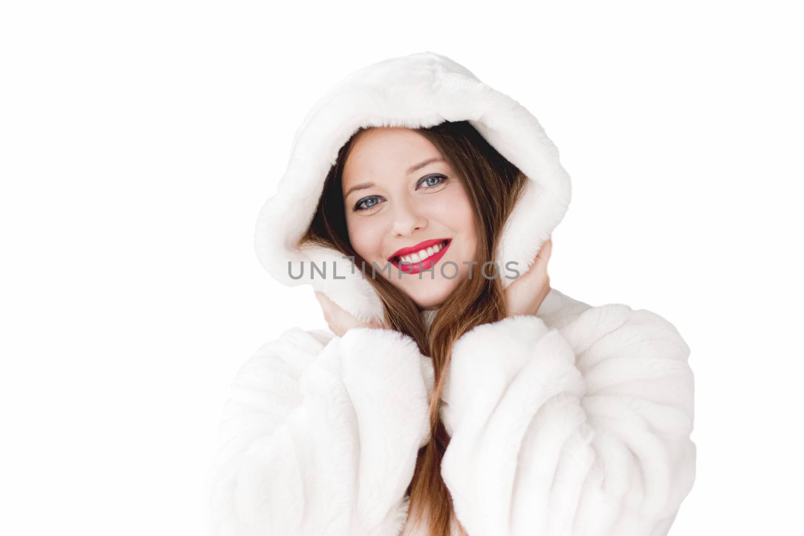 Young woman in fluffy fur coat with hood wrap, warm winter cloth by Anneleven