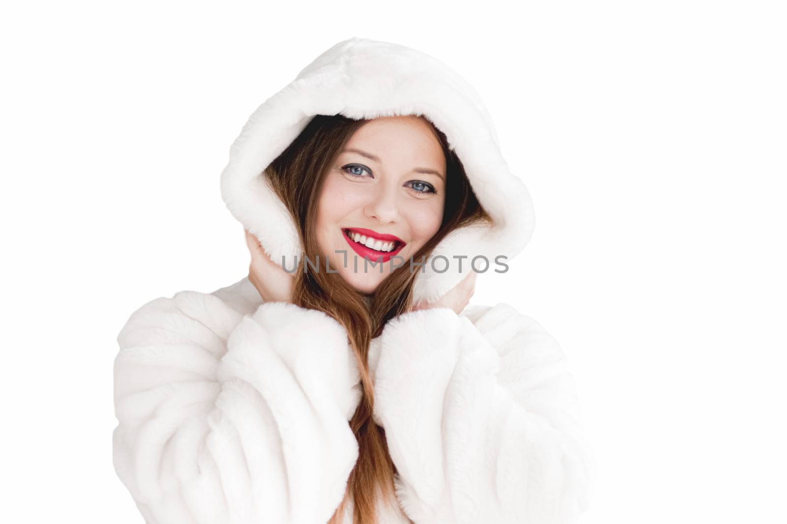 Young woman in fluffy fur coat with hood wrap, warm winter cloth by Anneleven