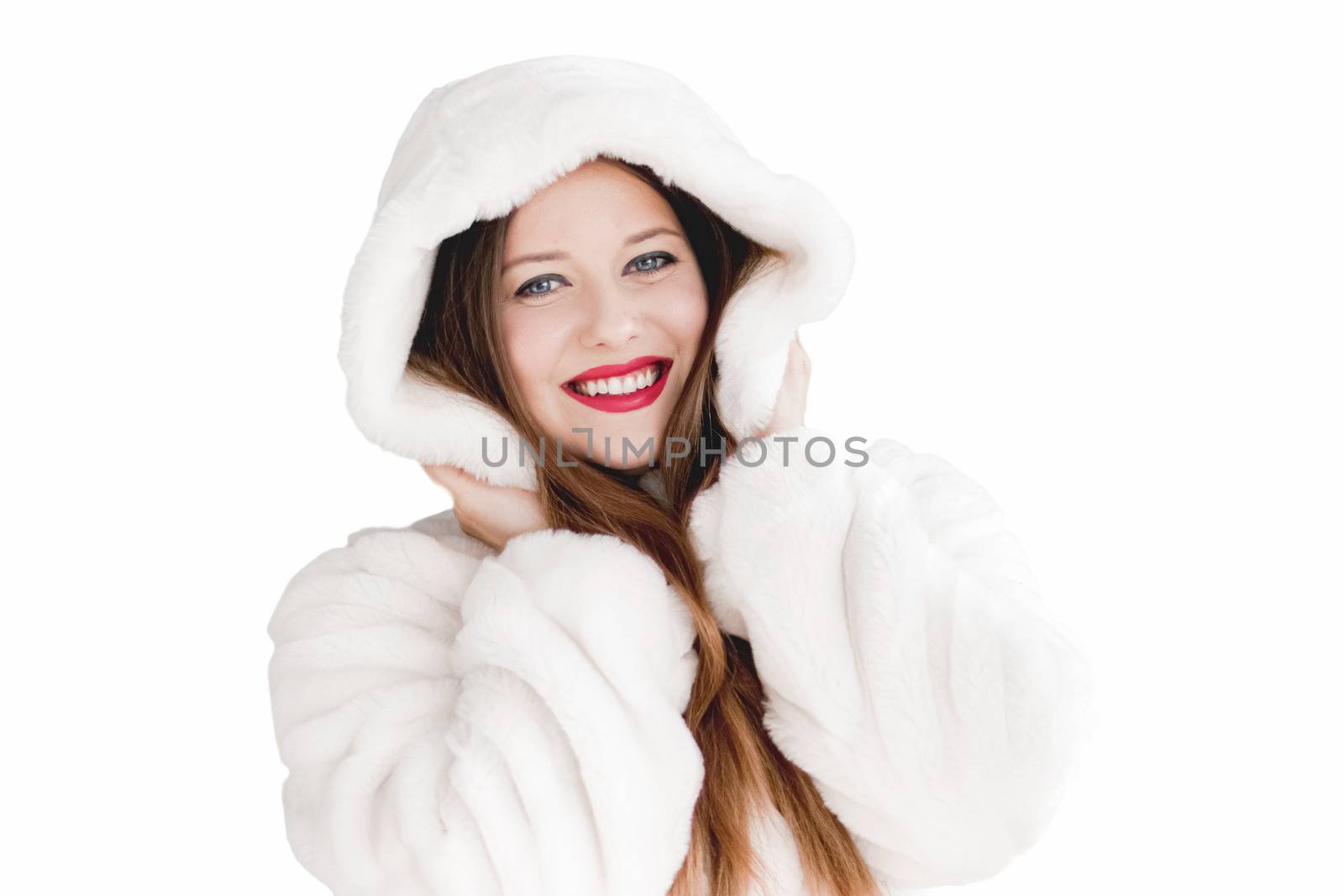 Young woman in fluffy fur coat with hood wrap, warm winter cloth by Anneleven