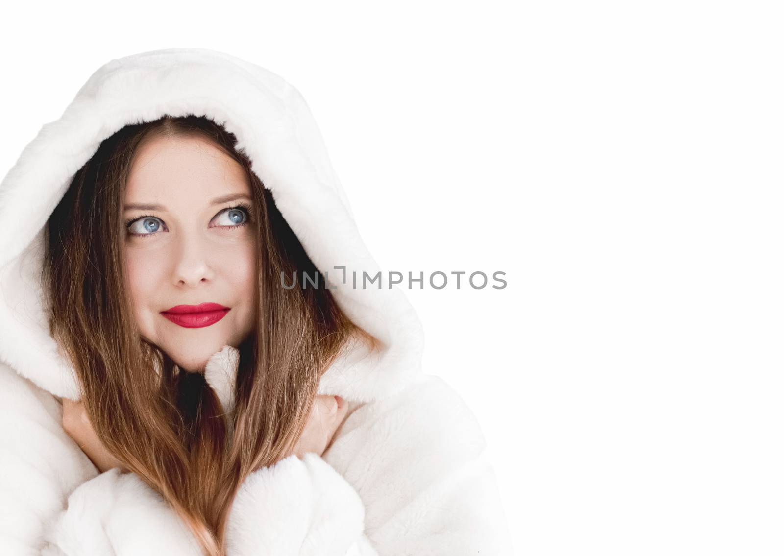 Young woman in fluffy fur coat with hood wrap, warm winter cloth by Anneleven