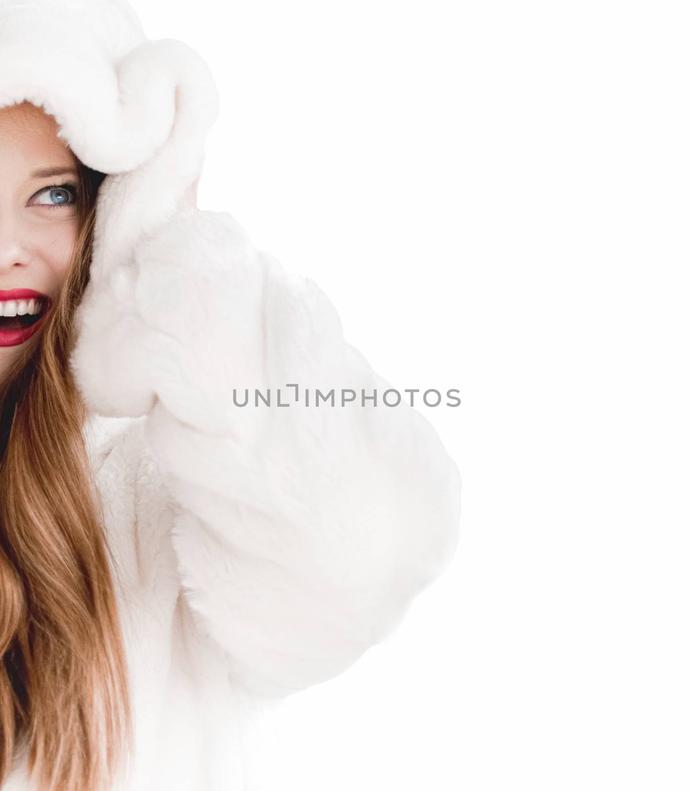 Young woman in fluffy fur coat with hood wrap, warm winter cloth by Anneleven