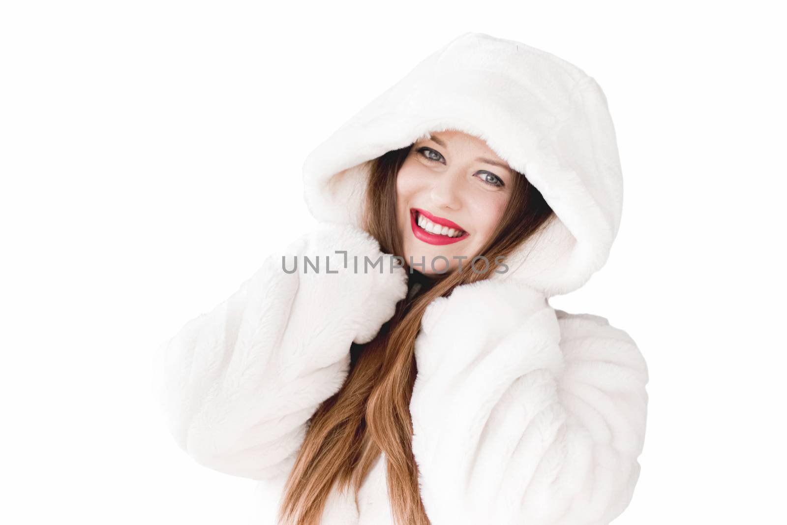 Young woman in fluffy fur coat with hood wrap, warm winter cloth by Anneleven