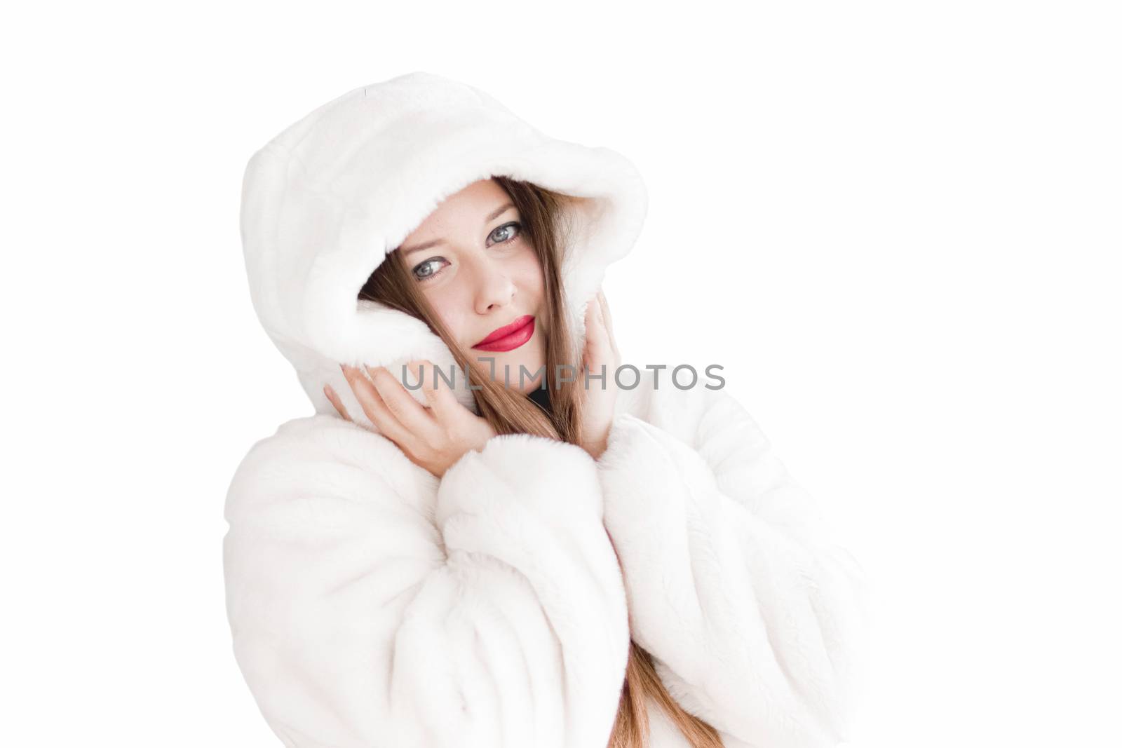 Young woman in fluffy fur coat with hood wrap, warm winter cloth by Anneleven