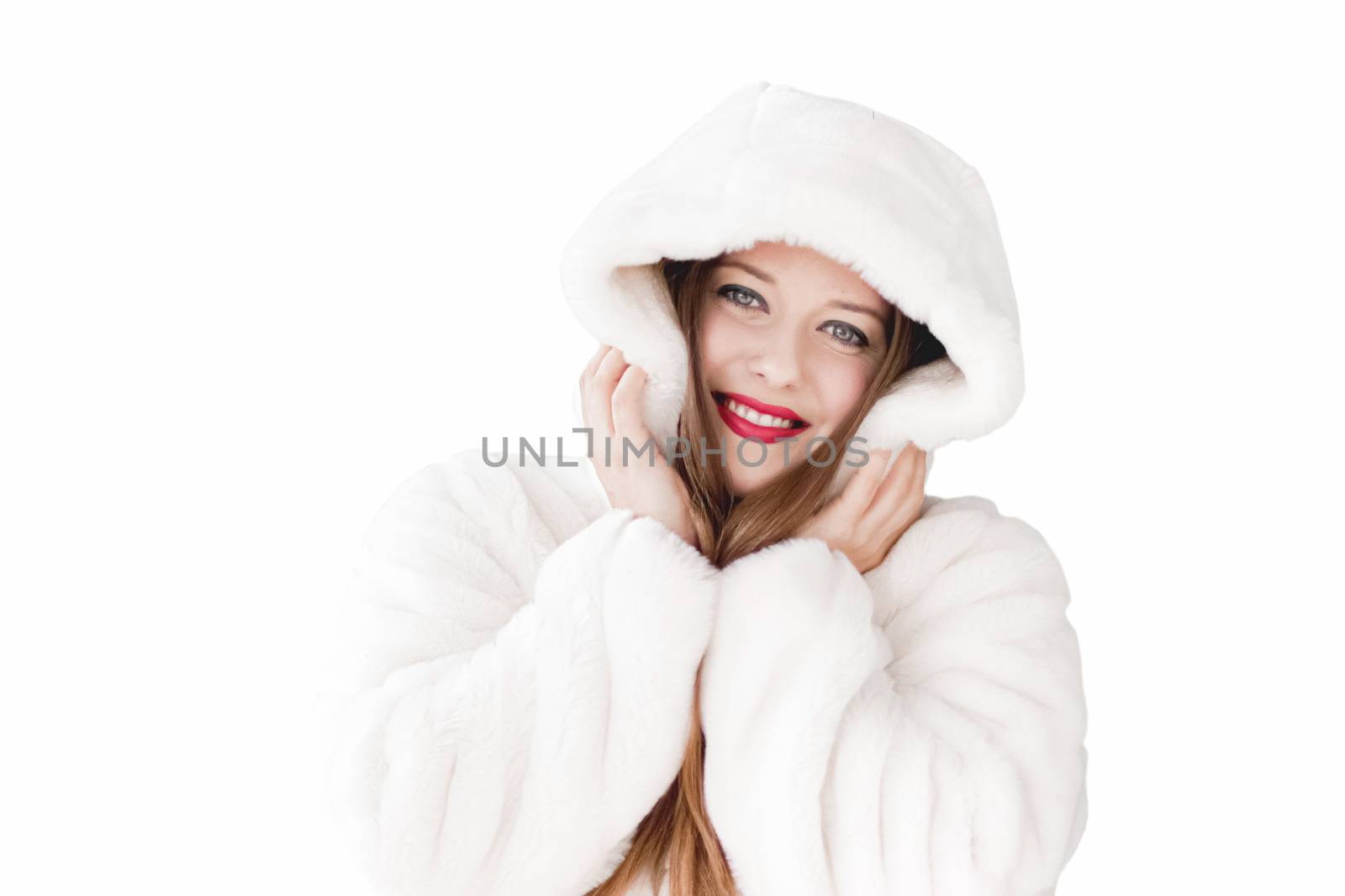 Young woman in fluffy fur coat with hood wrap, warm winter cloth by Anneleven