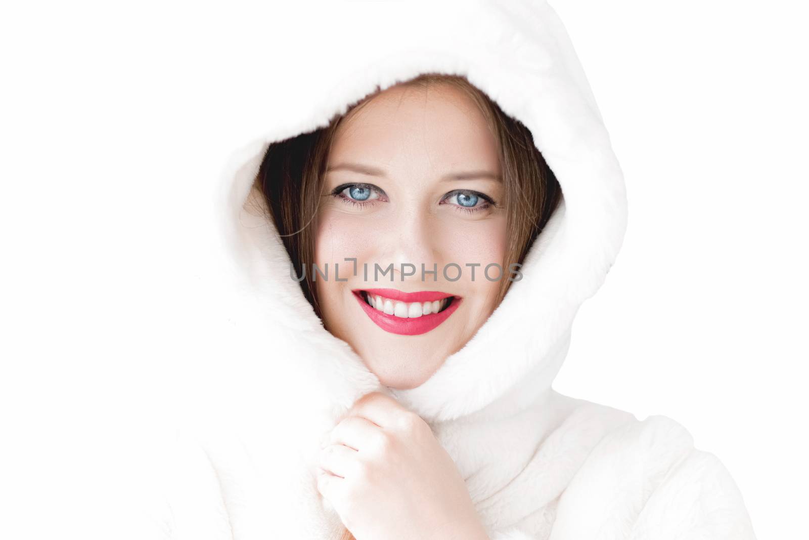 Young woman in fluffy fur coat with hood wrap, warm winter cloth by Anneleven