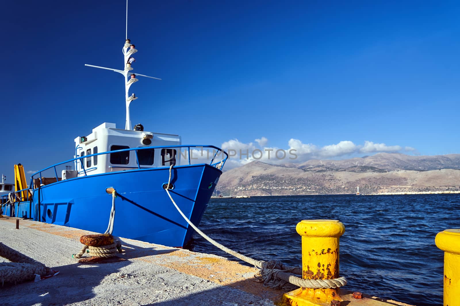 A fishing vessel moored in the port of Lixouri on the island of Kefalonia, Greece
