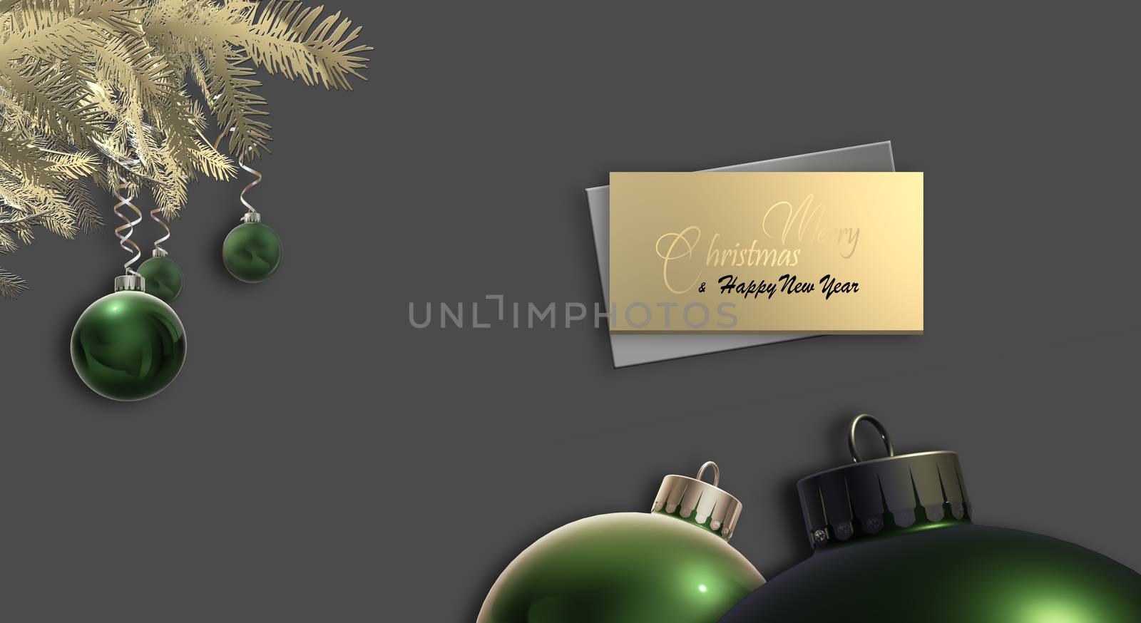 Christmas design with realistic balls. Close up realistic green Xmas balls baubles on dark background, gold fir branches, magic glow. Gold text Merry Christmas Happy New Year. Mock up. 3D illustration