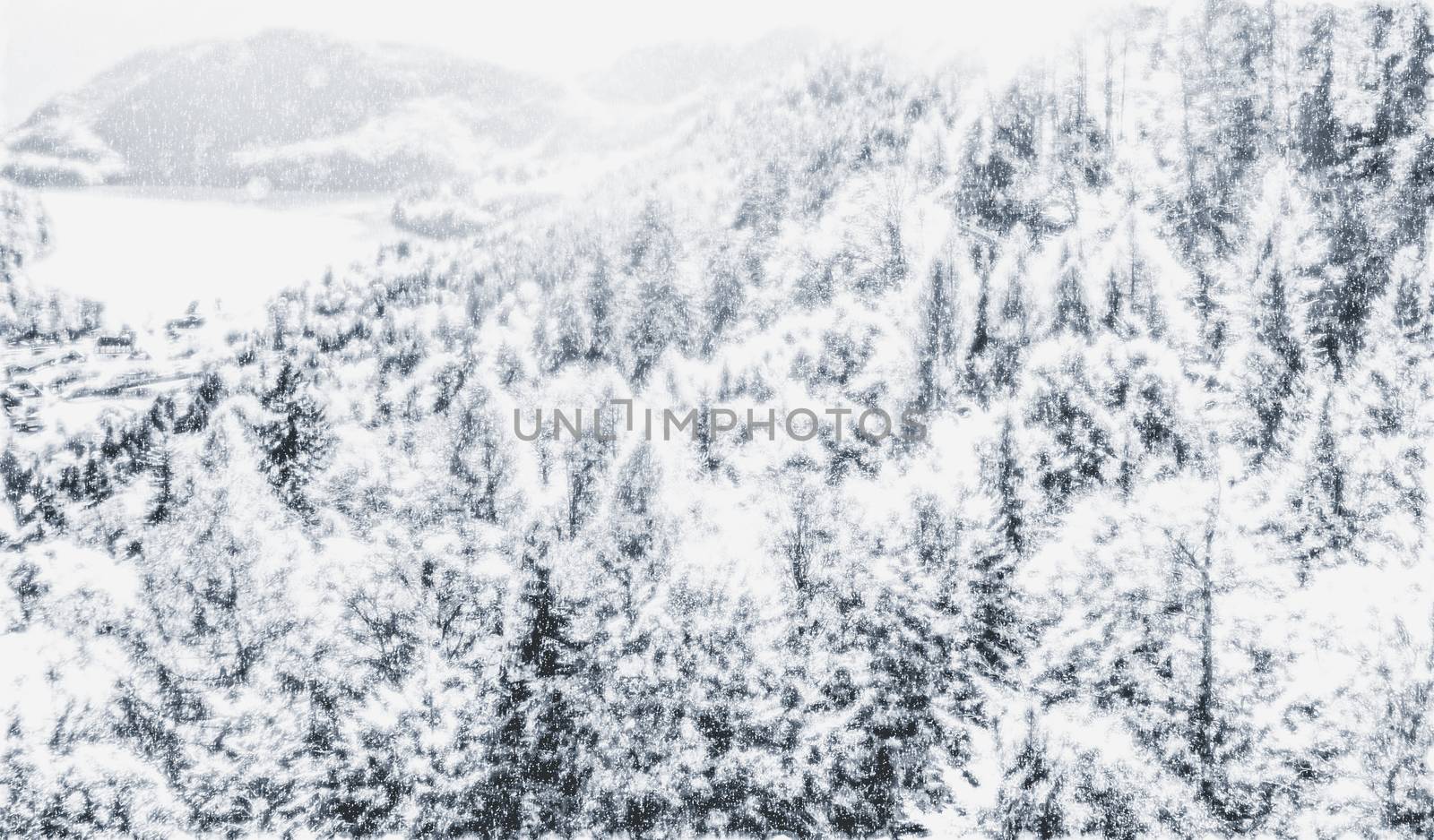 Christmas card with snowy mountains landscape in winter, monochrome photograph for art prints and printable designs