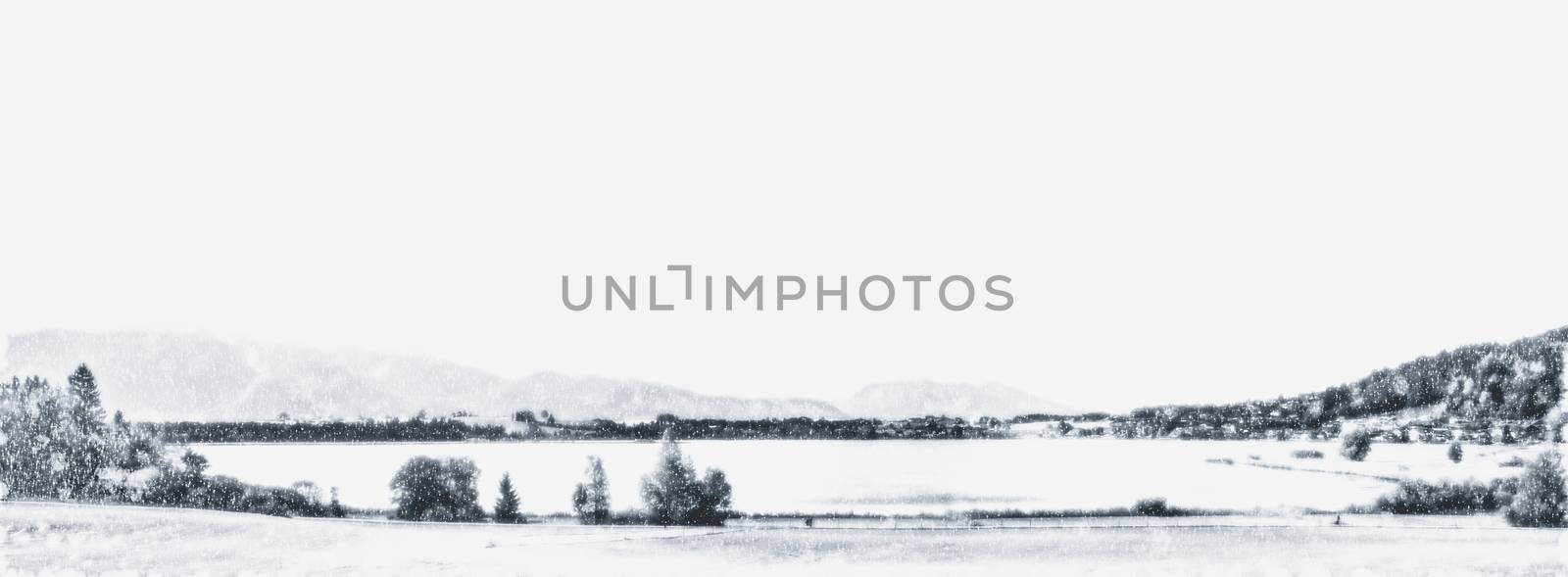 Christmas card with snowy mountains landscape in winter, monochrome photograph for art prints and printable designs