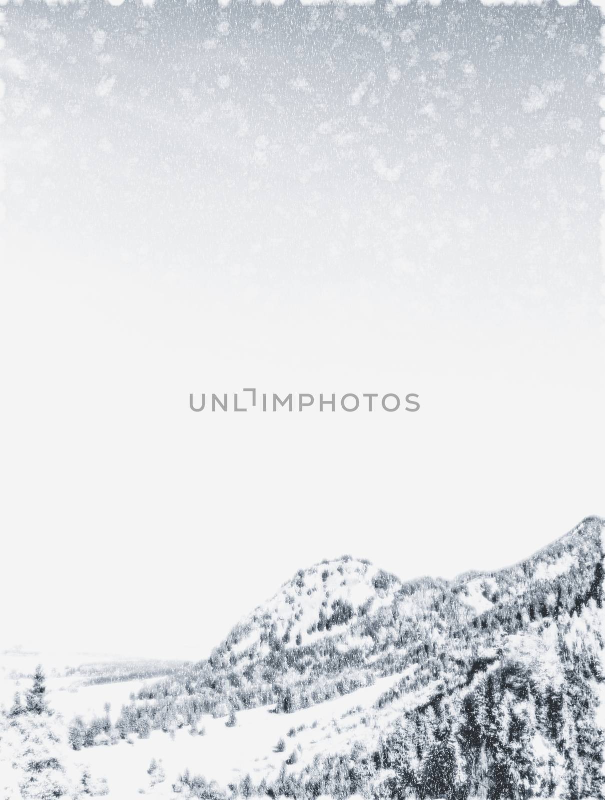 Christmas card with snowy mountains landscape in winter, monochr by Anneleven