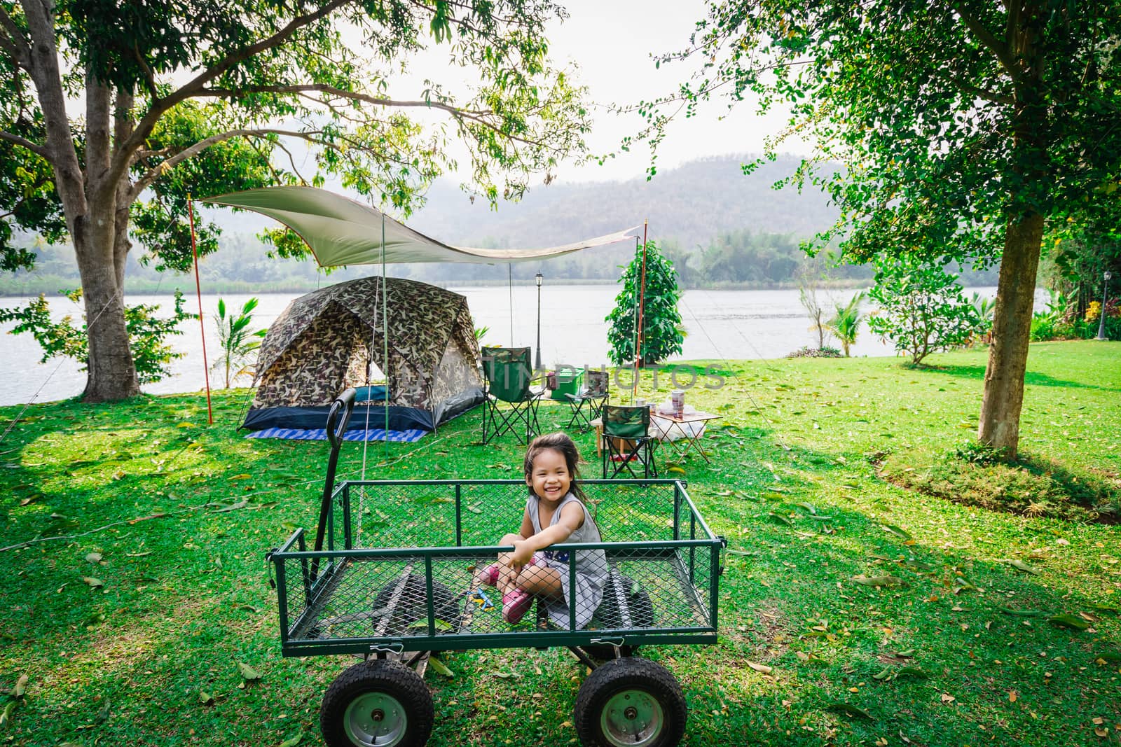 little girl sitting in wagon while going camping.The concept of by domonite