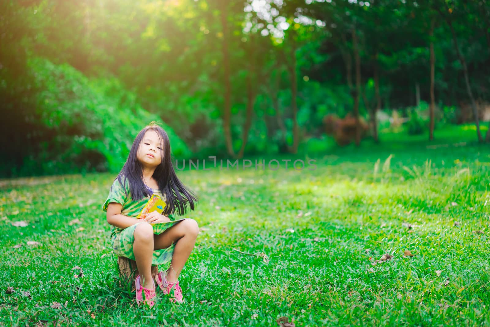 Portrait of happy asian little girl in dress sitting  in the park