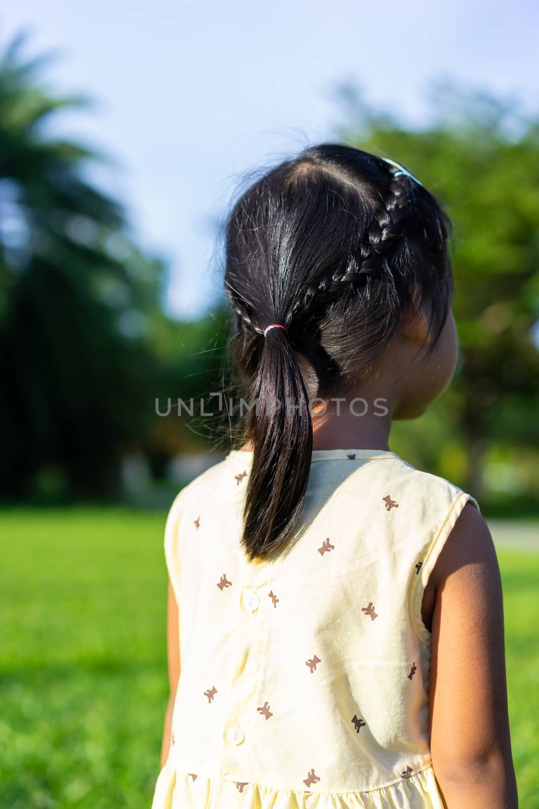 Back view of adorable little girl with beautiful hair walking in the park