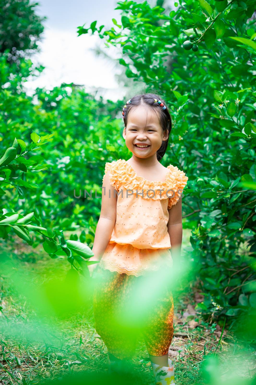 happy little girl in Thai period dress in lime garden by domonite