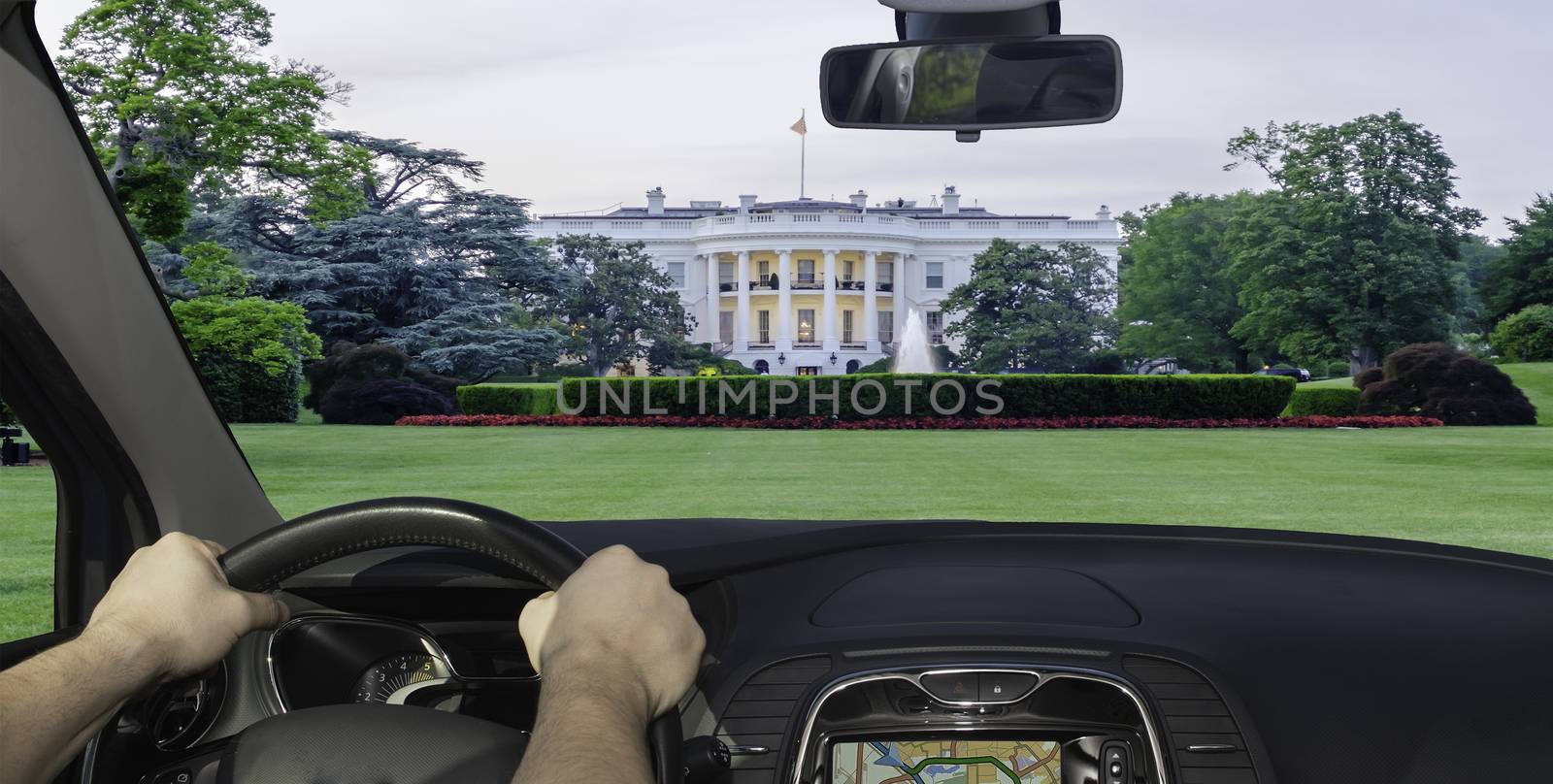Driving a car towards the White House in Washington DC, executive office of the President of the United States