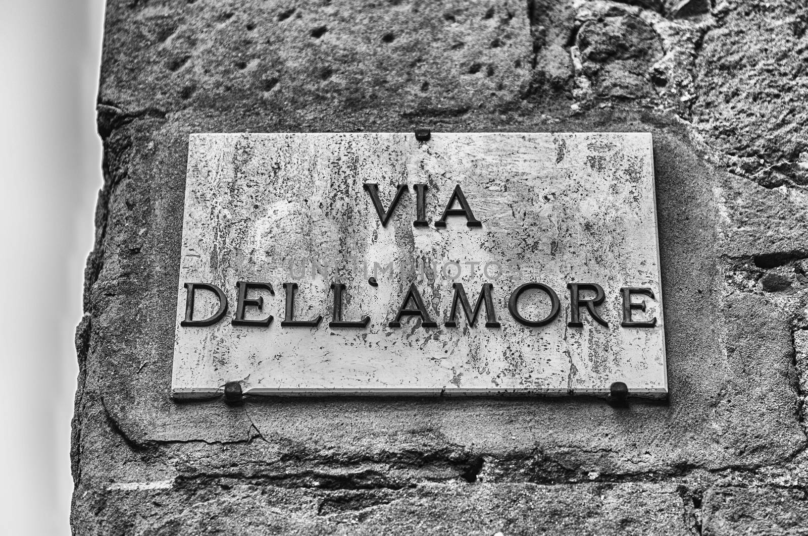 Street sign for Via dell'Amore (Love Street), iconic street in the city centre of Pienza, Italy