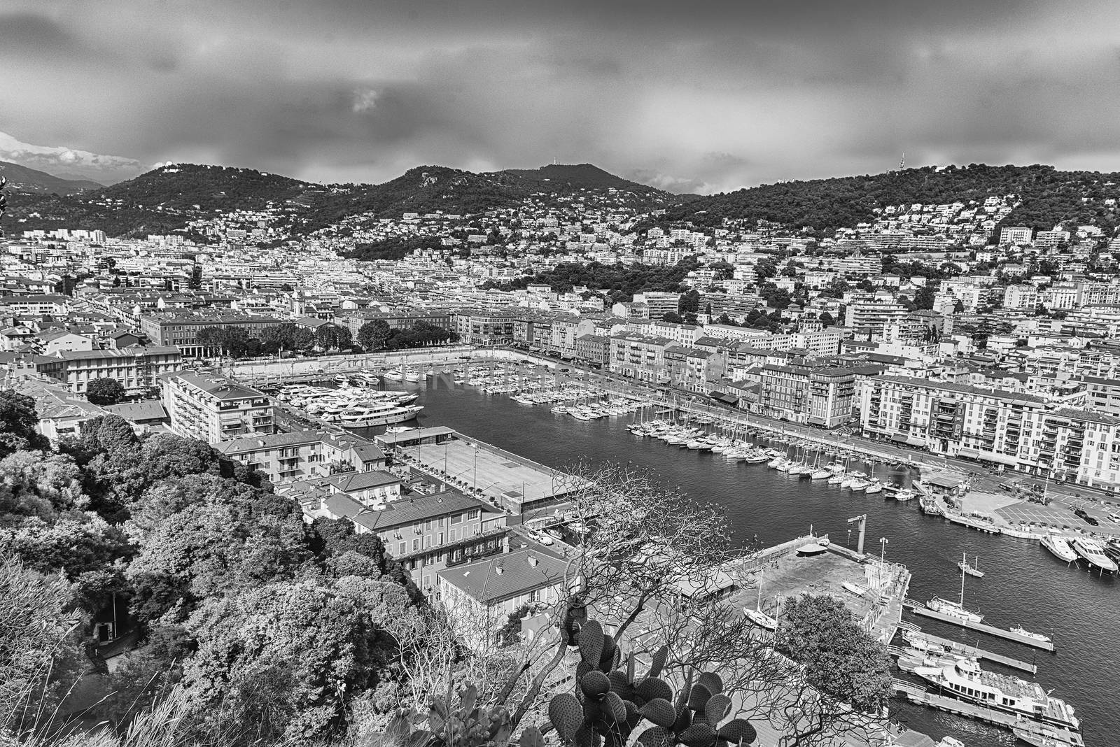 Scenic aerial view of the Port of Nice, aka Port Lympia, as seen from the Chateau hill, Nice, Cote d'Azur, France