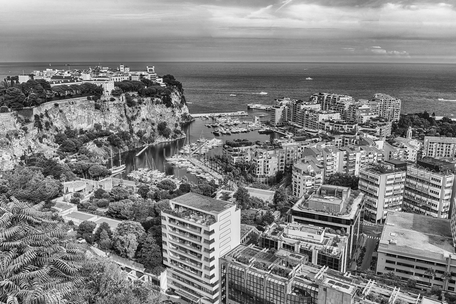 Panoramic view of Monaco City and the port of Fontvieille, Principality of Monaco, Cote d'Azur, French Riviera