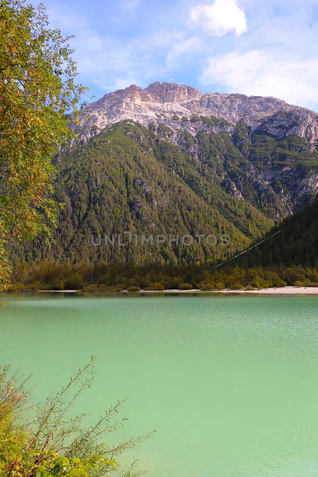 Lago di Landro Durrensee in the Dolomites in Italy. Out of focus