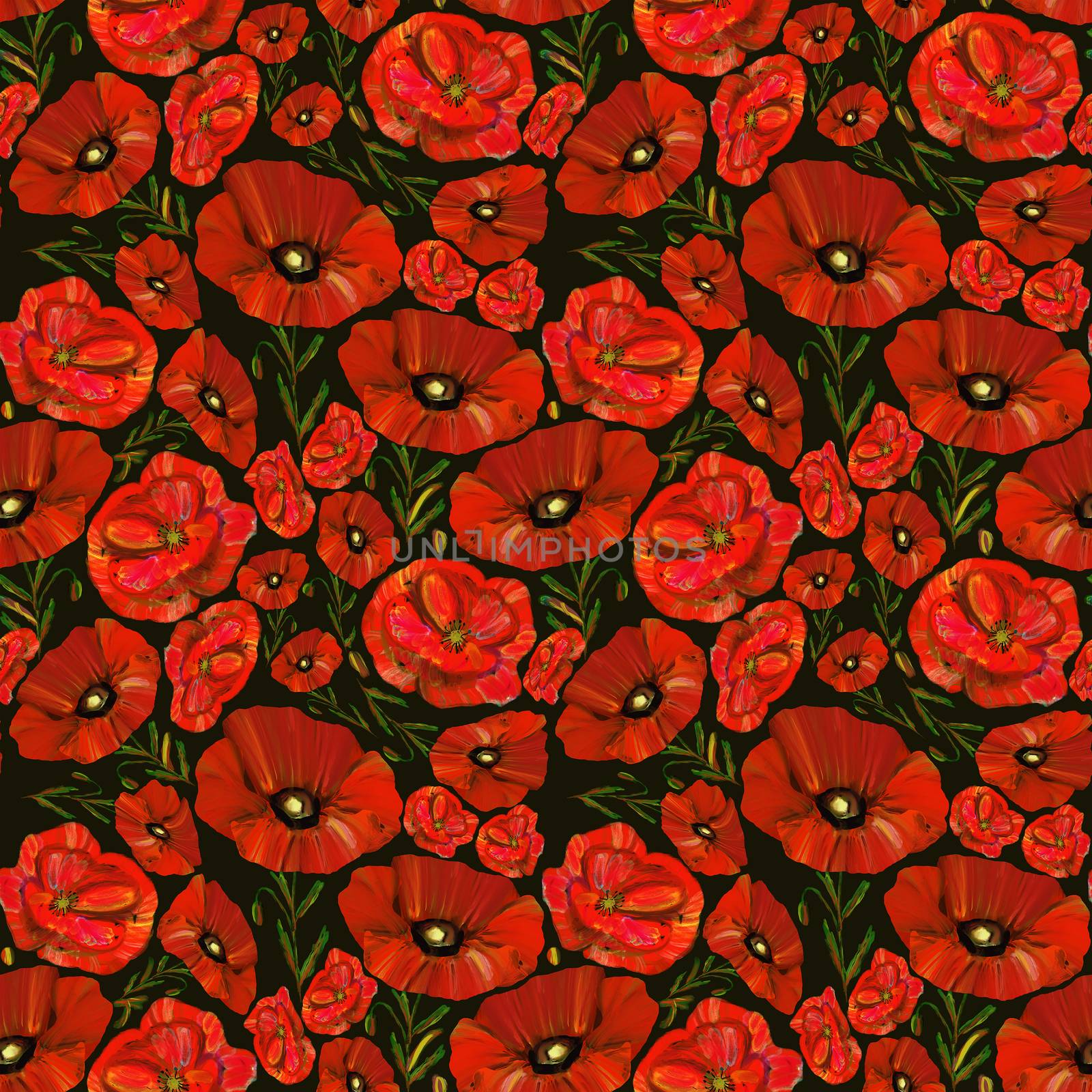 Red poppies seamless pattern on black background. Wildflower endless backdrop. Design illustration for textile, fabric, wrapping paper, cards.