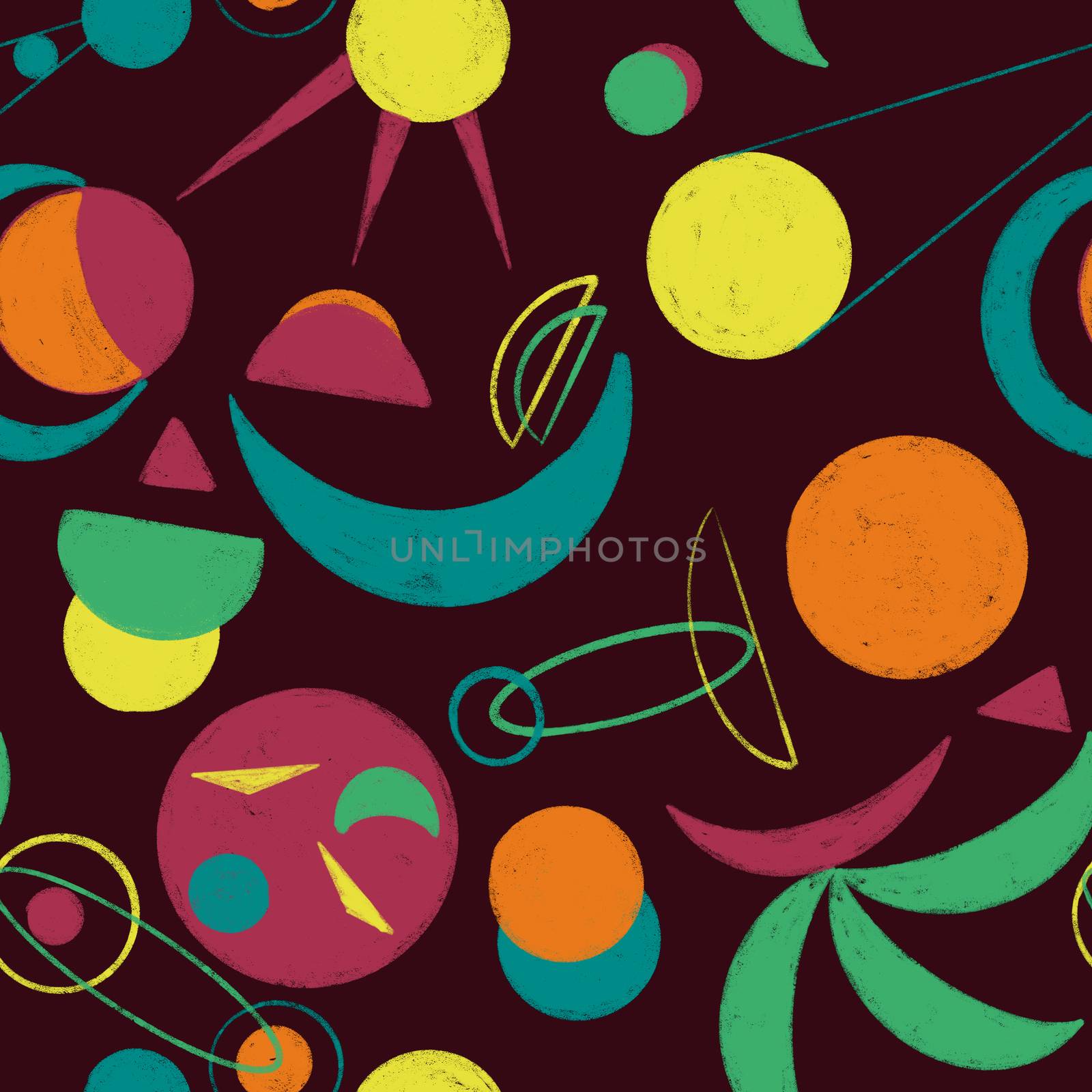 Moon, stars and planets bright abstract texture doodle geometric seamless background. Endless illustration template design.
