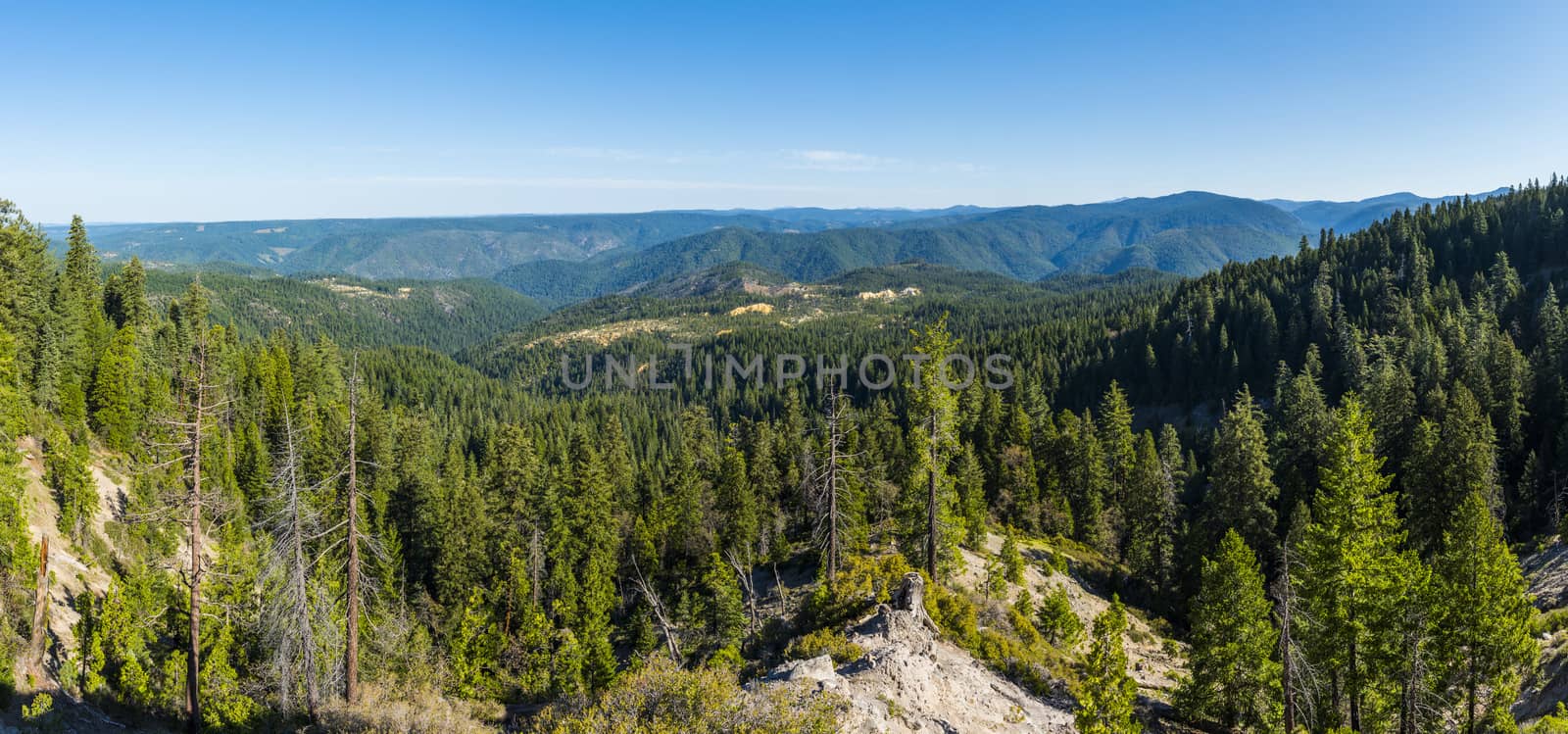 Panoramic view of Tahoe National forest and Sierra Nevada mountains on the route 80 from California to Nevada, USA