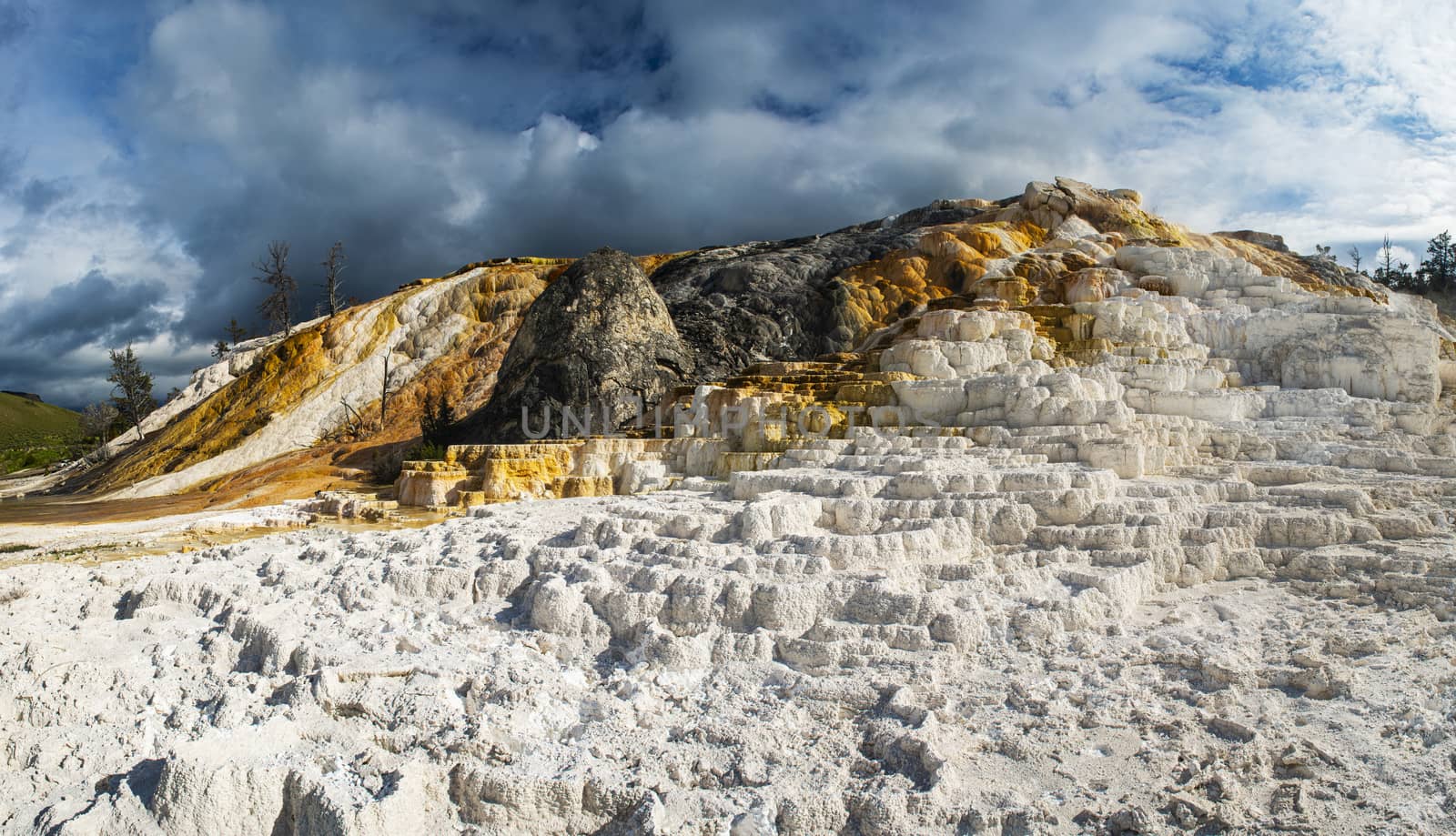 Vivid thermal terraces rock formations in Mammoth Hot Springs, Yellowstone National Park. USA