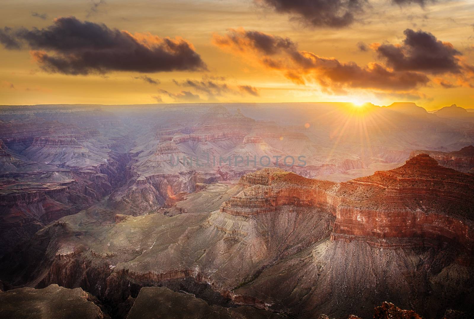 Beautiful colors and shapes of the Grand Canyon shortly after the sunset at Yavapai Point. Arizona, USA