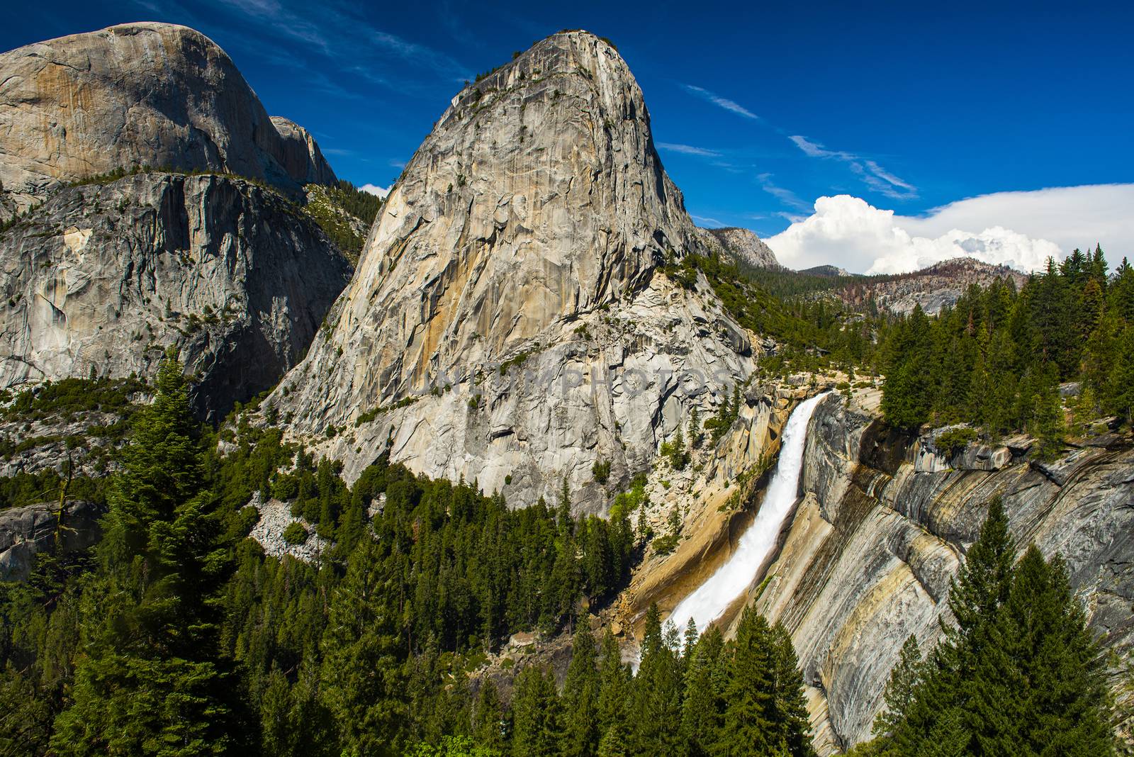 Beautiful Nevada Falls is located on Merced river and under mighty Liberty Dome grantite cap. Yosemite National Park, California, USA