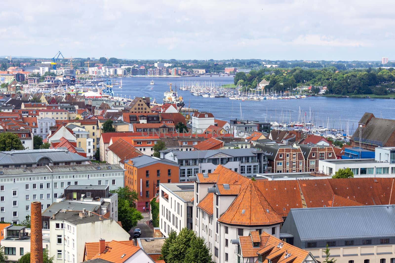 High angle view at the Hanseatic city Rostock, Germany